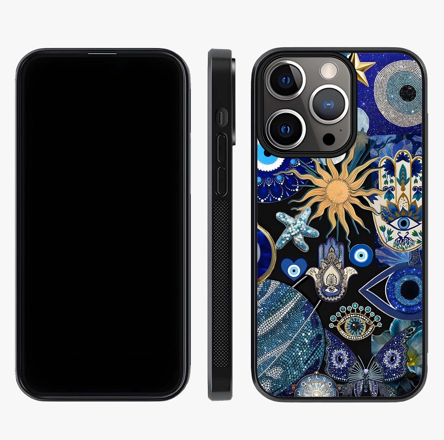Evil Eye Charm Mix Glass Case displayed upright for full design visibility and premium finish.