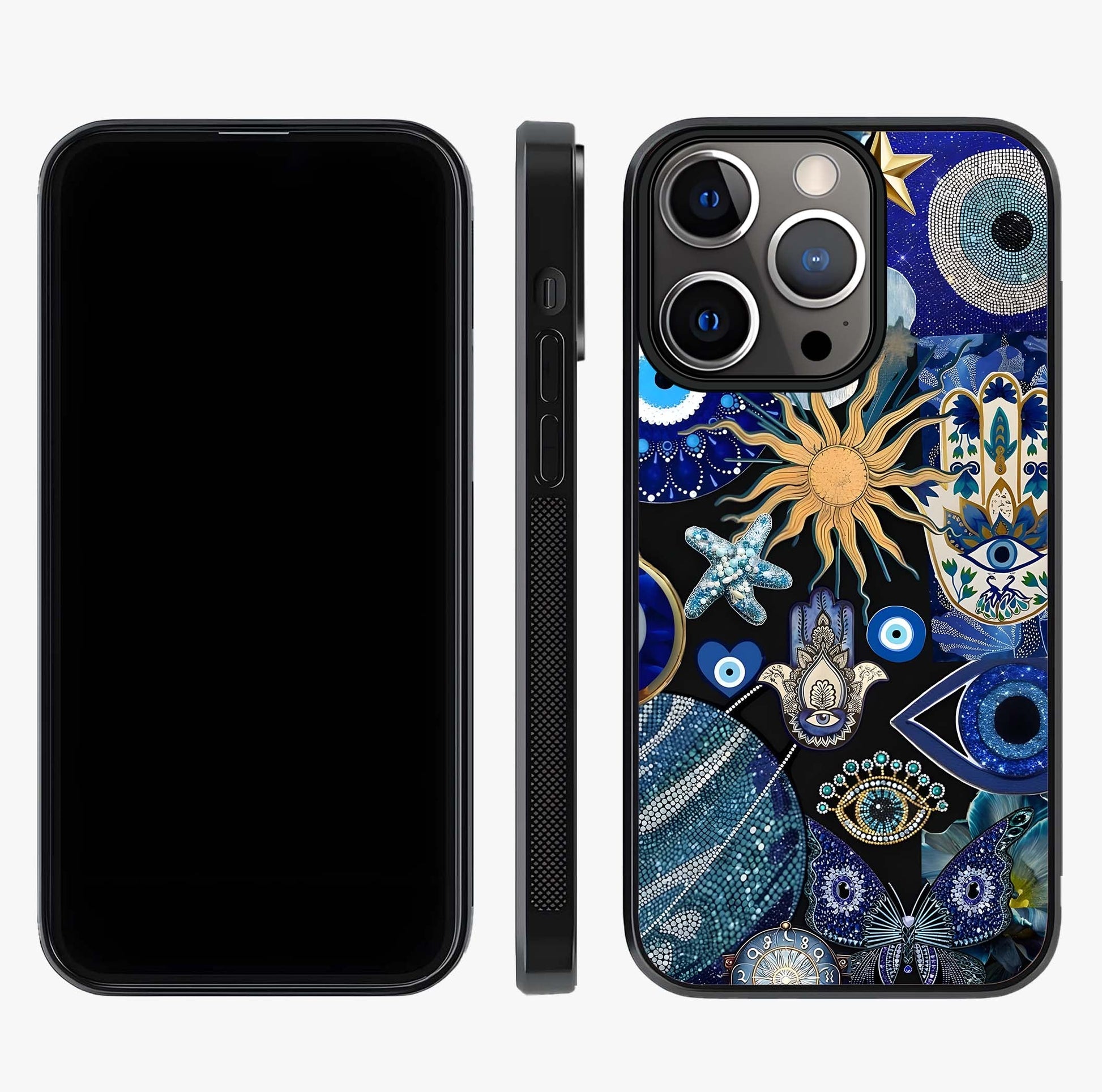 Evil Eye Charm Mix Glass Case displayed upright for full design visibility and premium finish.