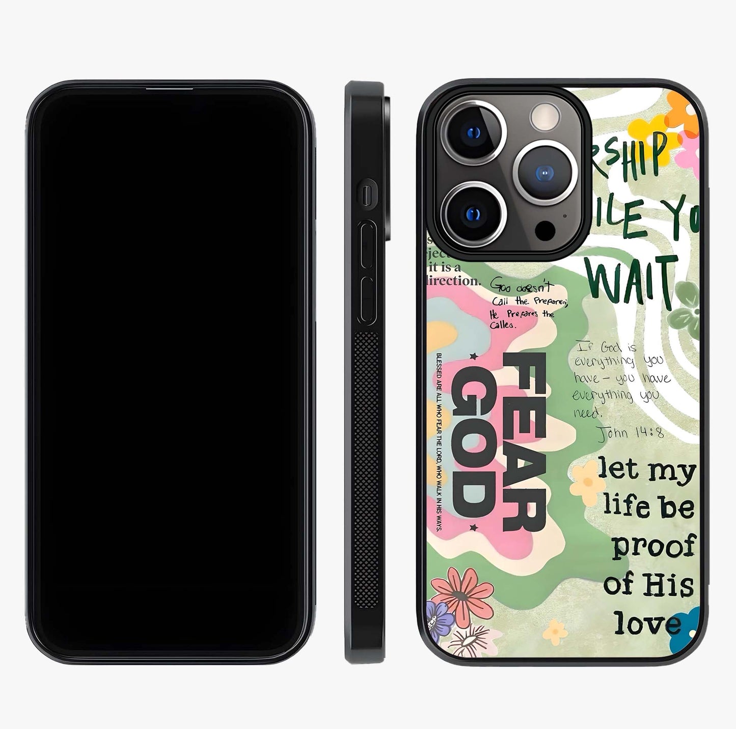 Faith Over Fear Glass Case displayed upright for full design visibility and premium finish.