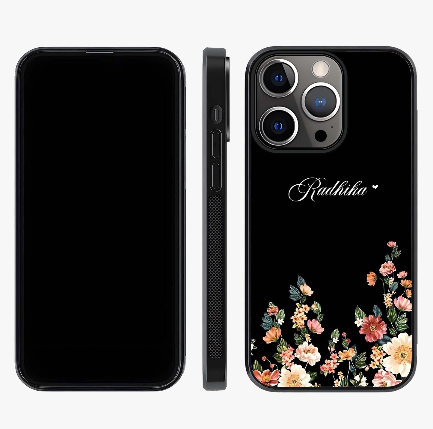 Floral Design With A Custom Personalized Name Glass Case displayed upright for full design visibility and premium finish.