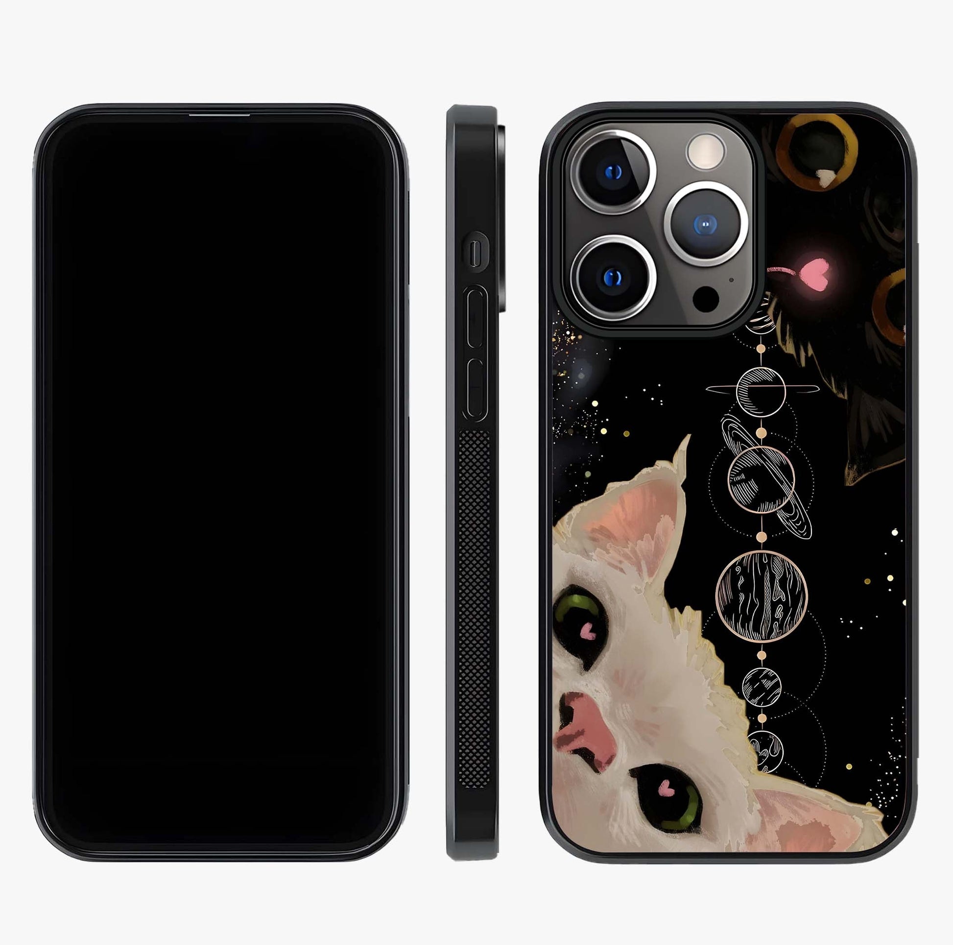 Galactic Cat Glass Case displayed upright for full design visibility and premium finish.