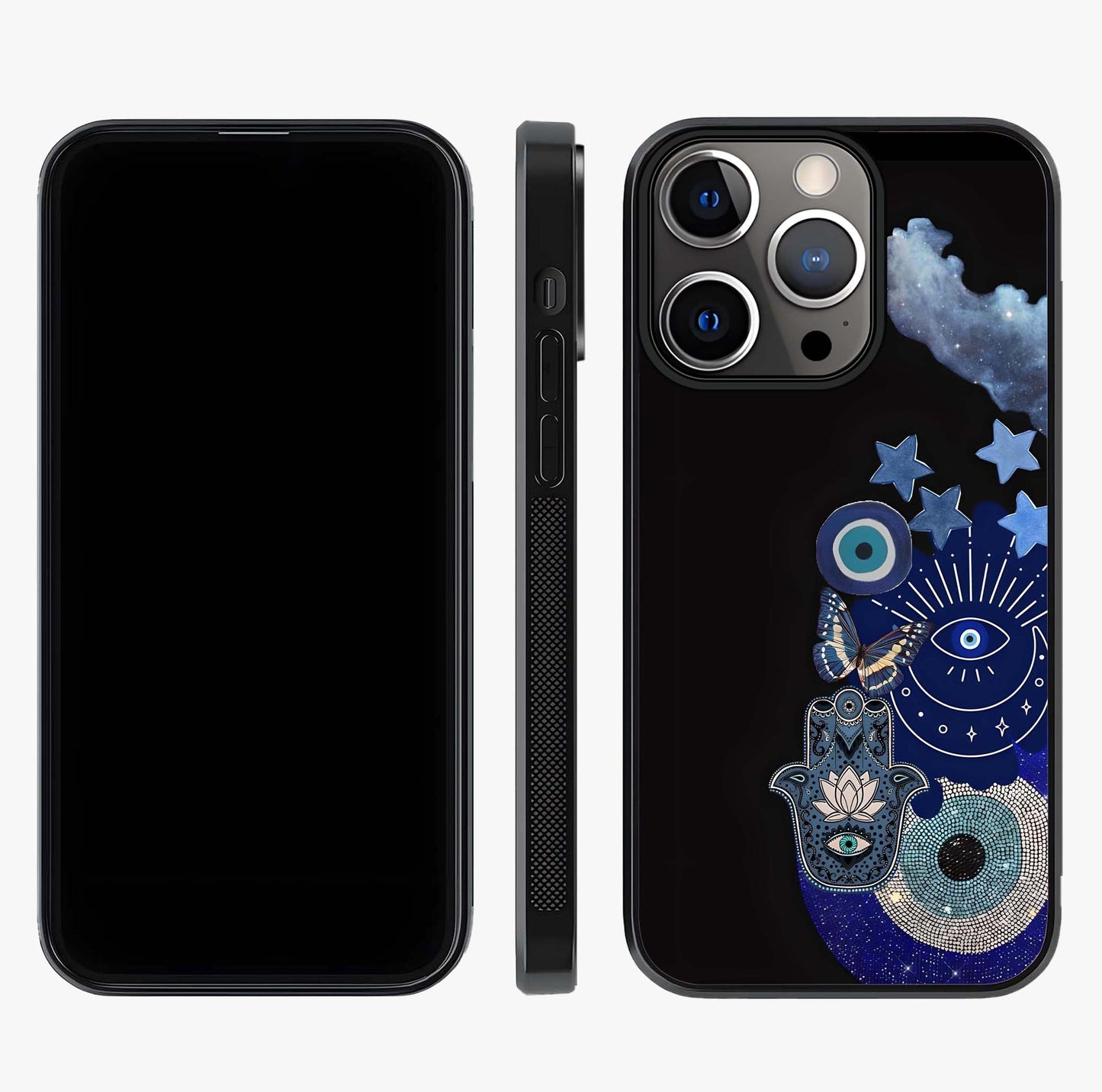 Galactic Charm Cluster Glass Case displayed upright for full design visibility and premium finish.