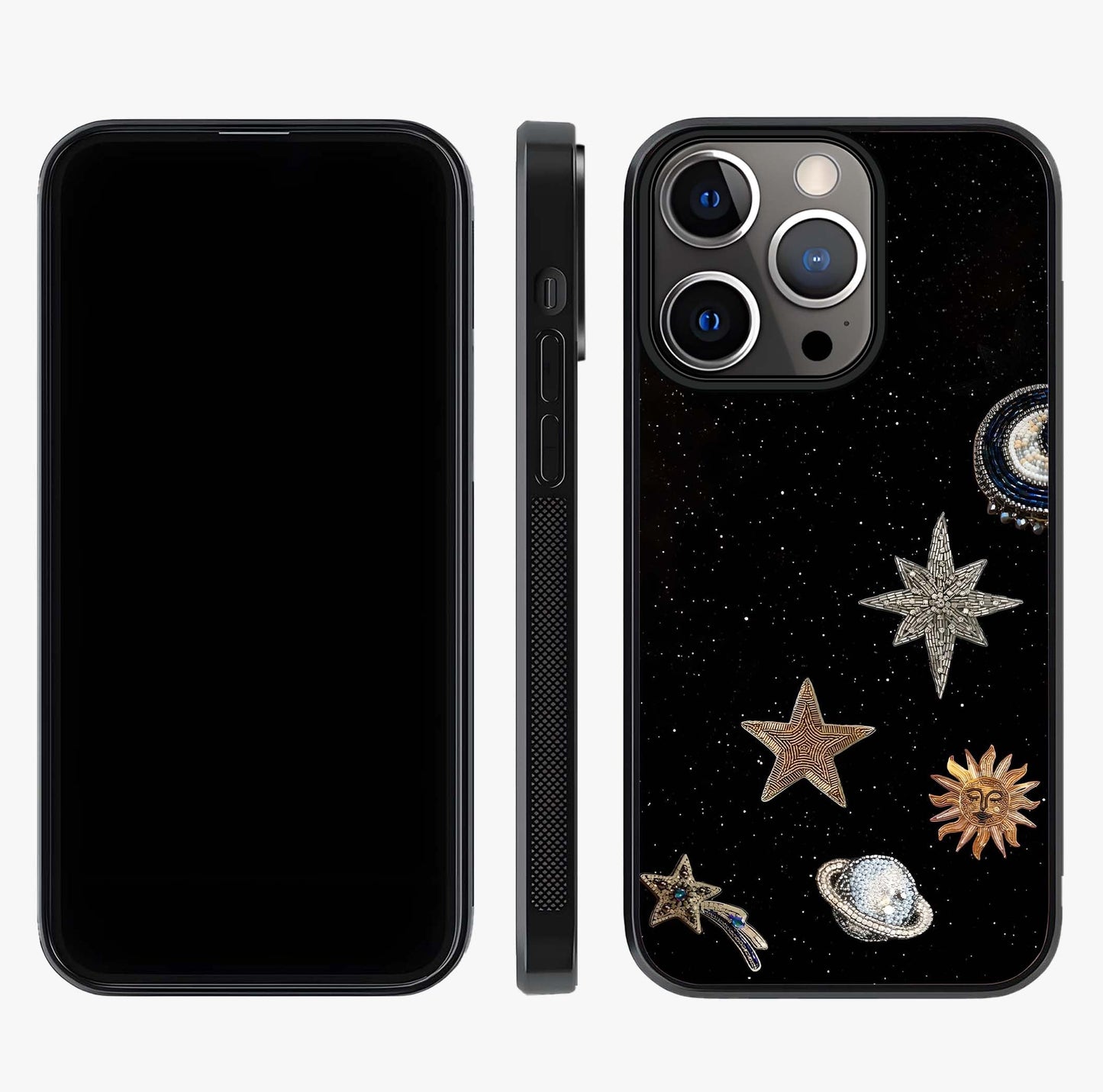 Galactic Charm Glow Glass Case displayed upright for full design visibility and premium finish.