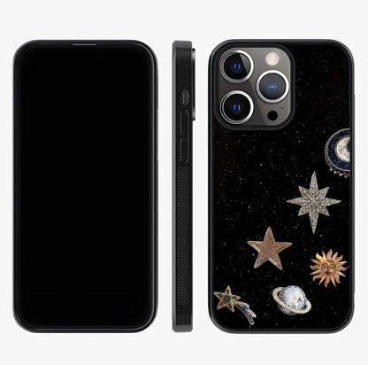 Galactic Charm Glow Glass Case displayed upright for full design visibility and premium finish.