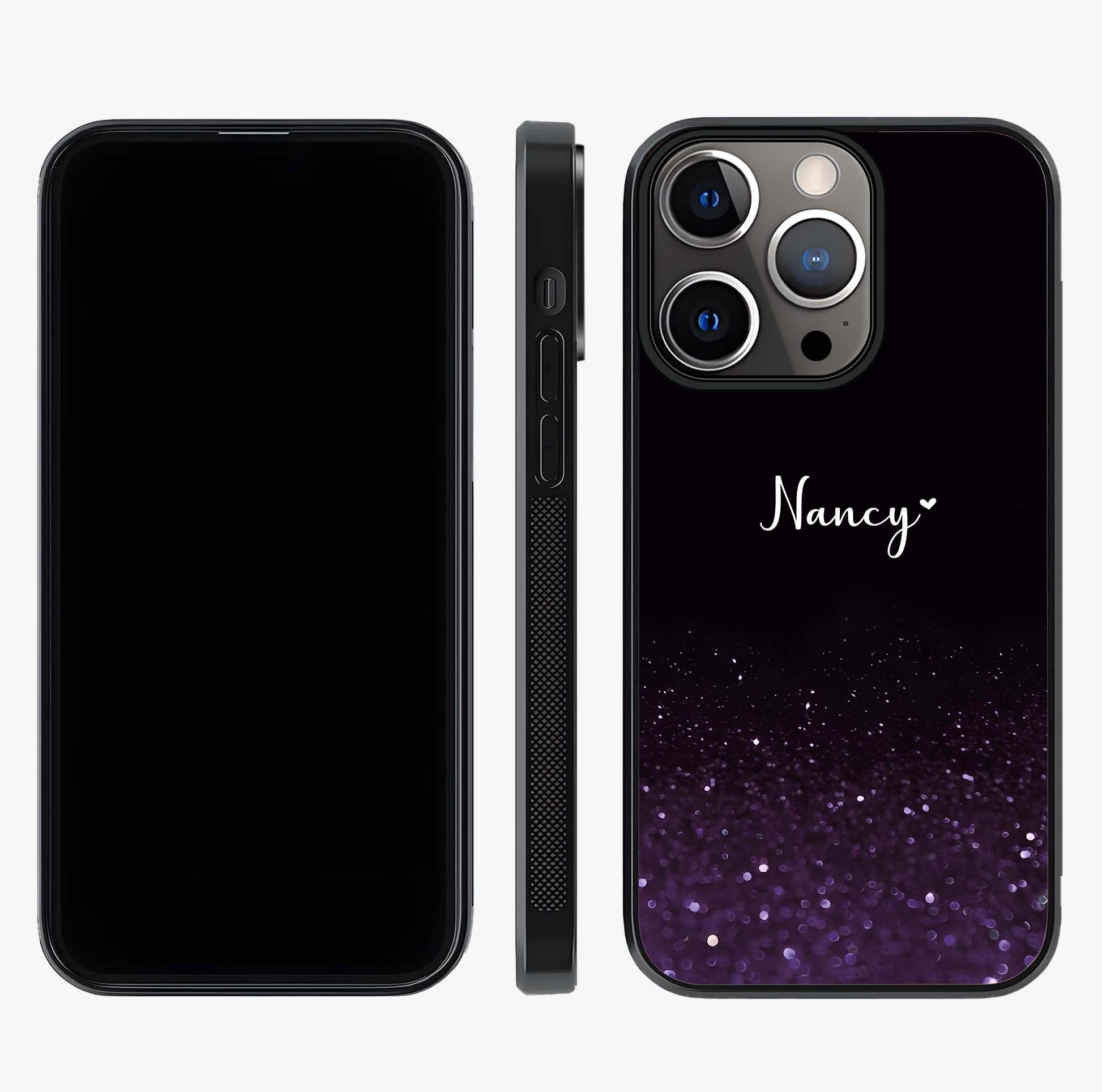 Glittery Purple Bokeh Custom Name Glass Case displayed upright for full design visibility and premium finish.