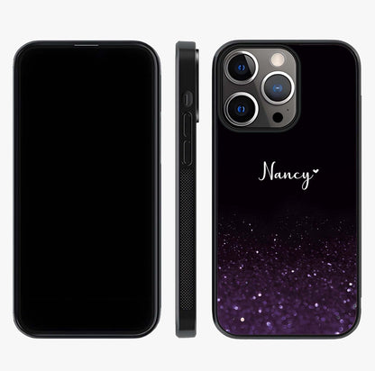 Glittery Purple Bokeh Custom Name Glass Case displayed upright for full design visibility and premium finish.
