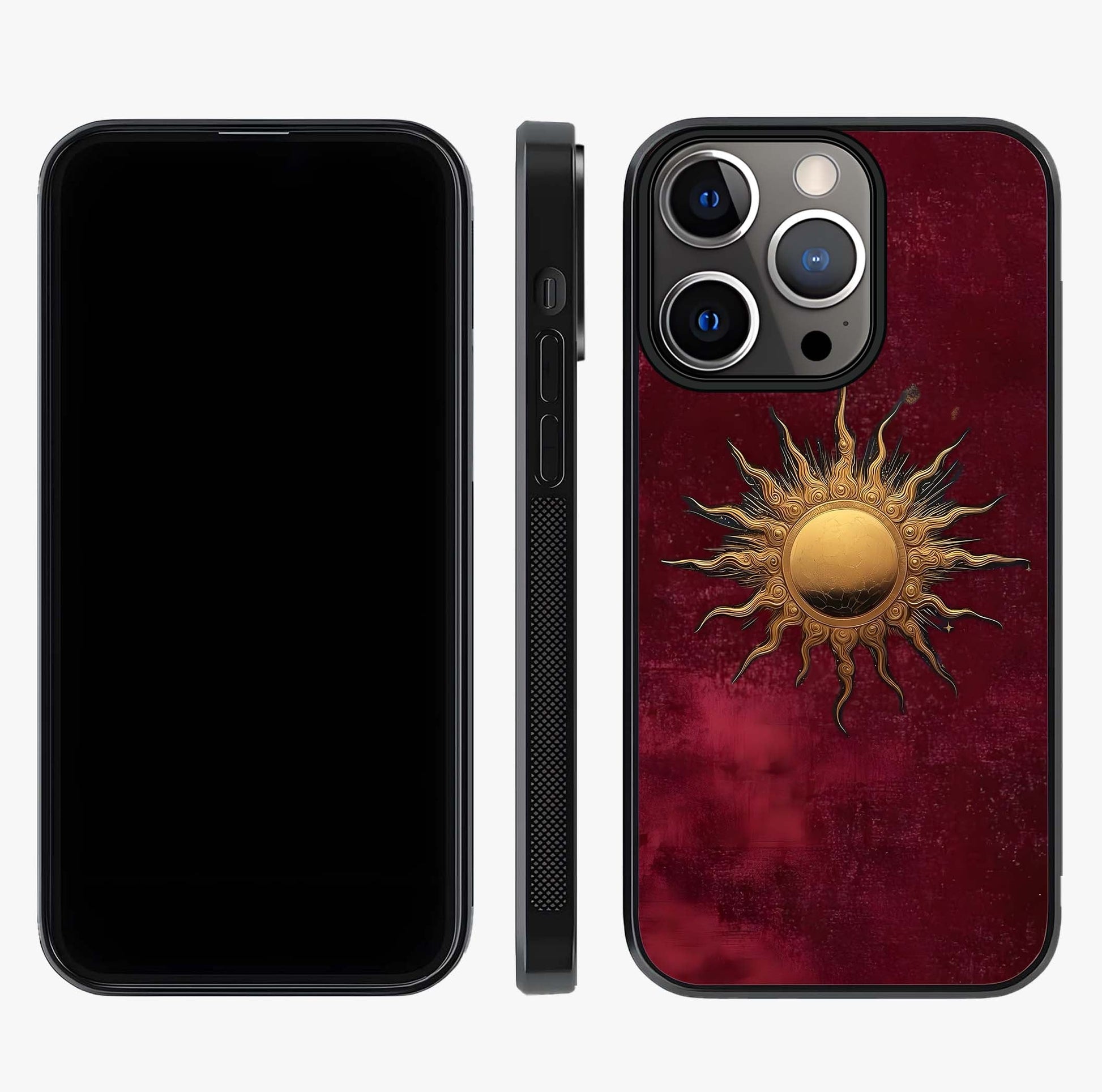 Gold Sun Blush Glass Case displayed upright for full design visibility and premium finish.