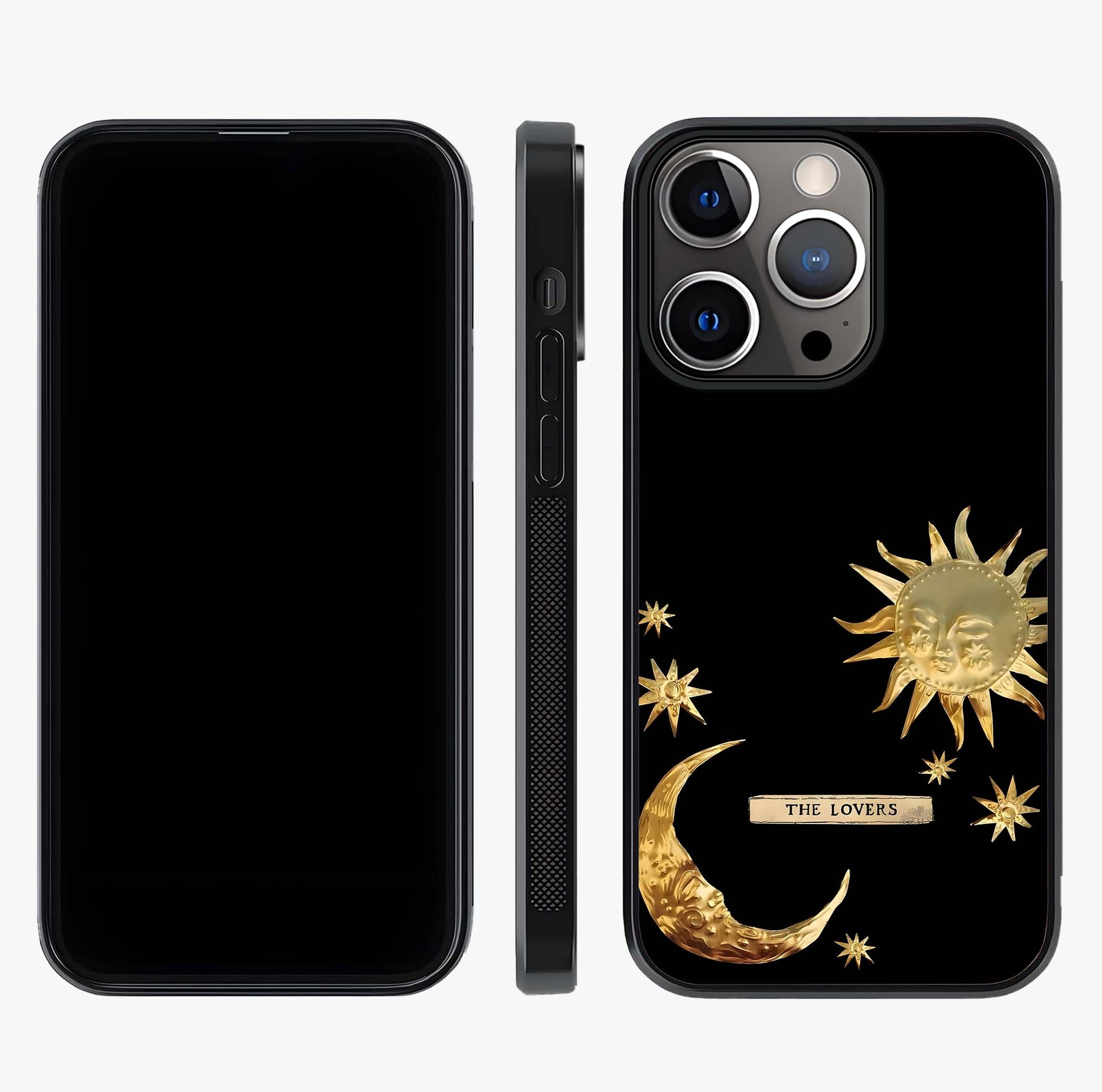 Golden Celestial Charm Glass Case displayed upright for full design visibility and premium finish.