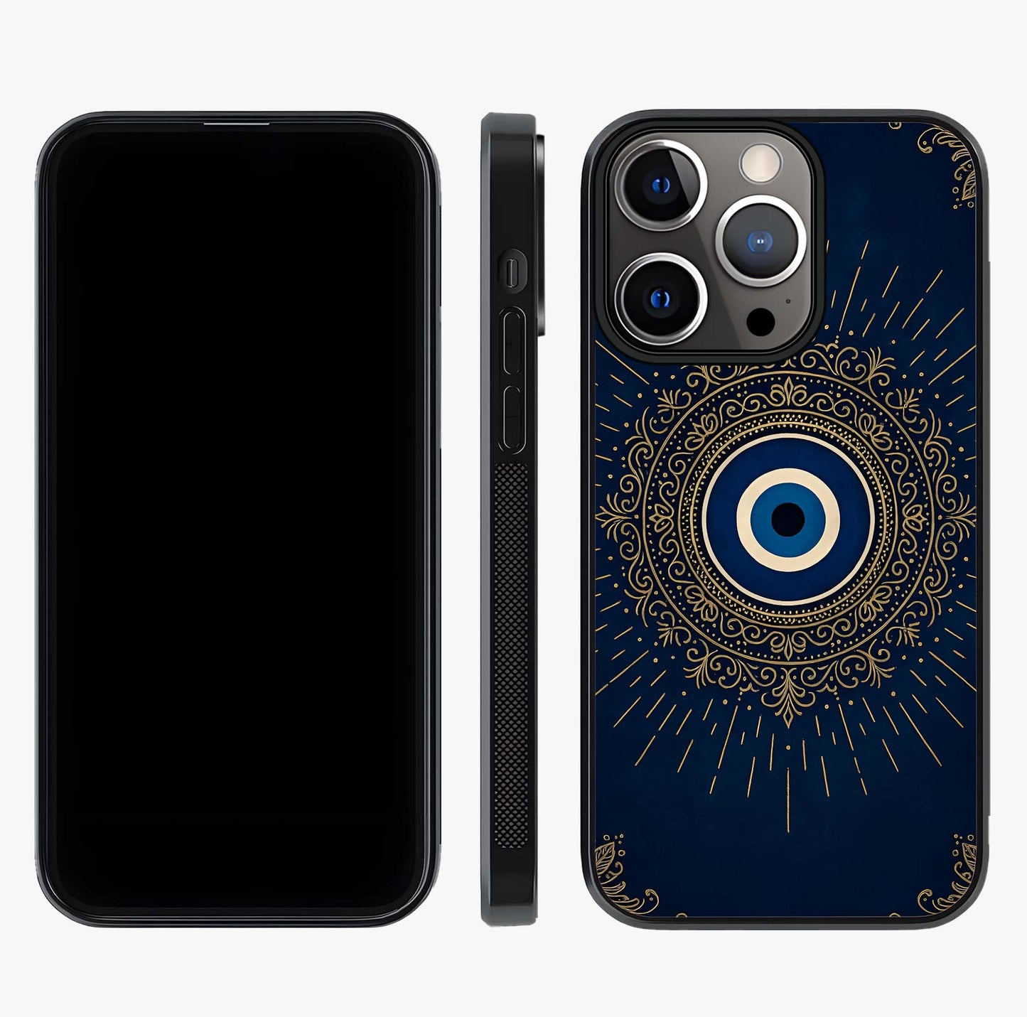 Golden Evil Eye Mandala Glass Case displayed upright for full design visibility and premium finish.