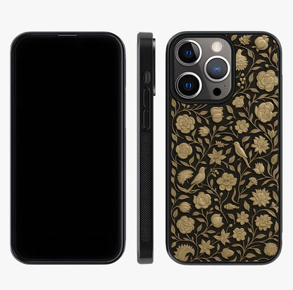 Golden Floral Majesty Glass Case displayed upright for full design visibility and premium finish.