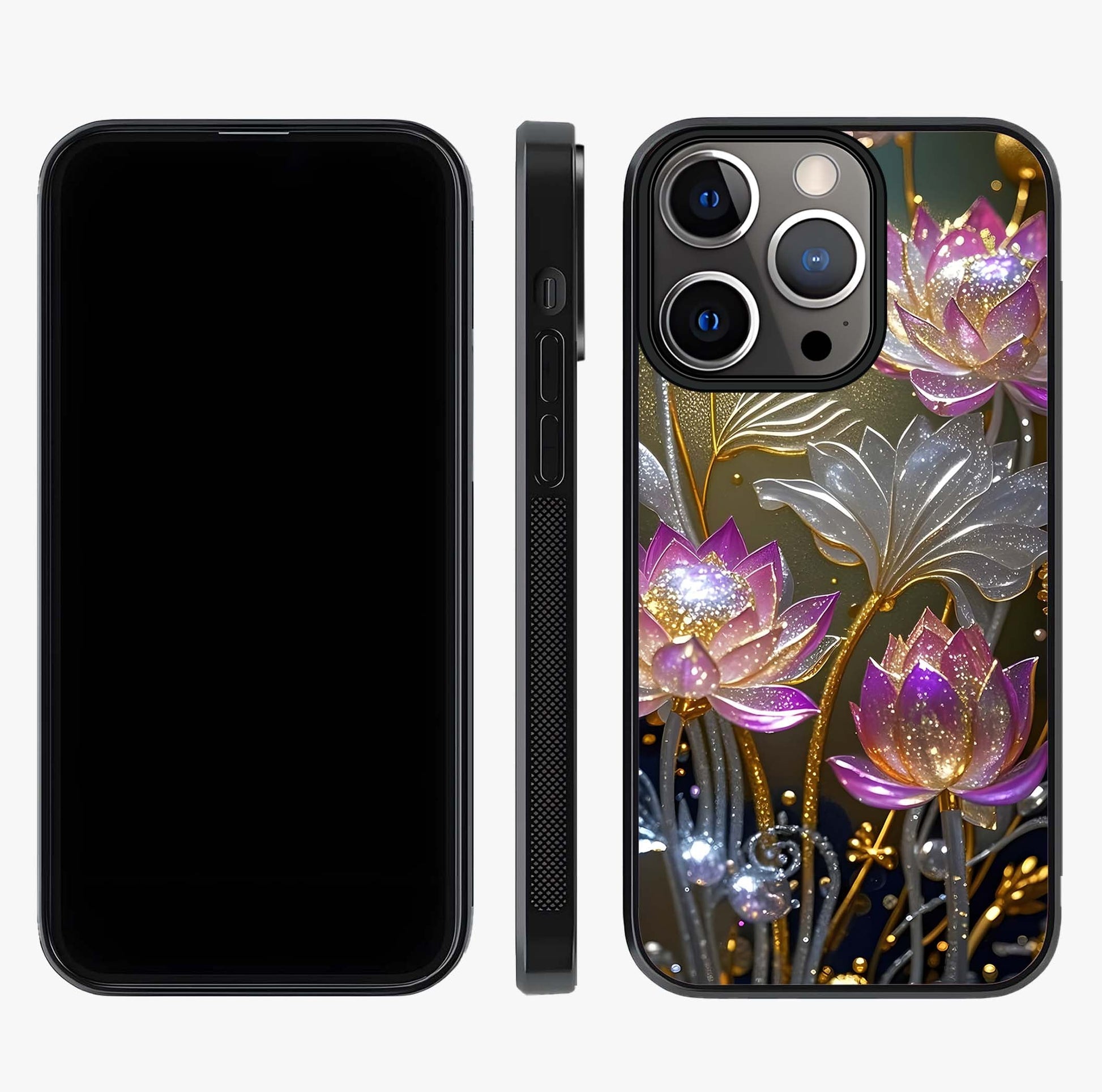 Golden Lotus Glow Glass Case displayed upright for full design visibility and premium finish.
