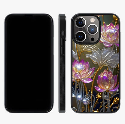 Golden Lotus Glow Glass Case displayed upright for full design visibility and premium finish.