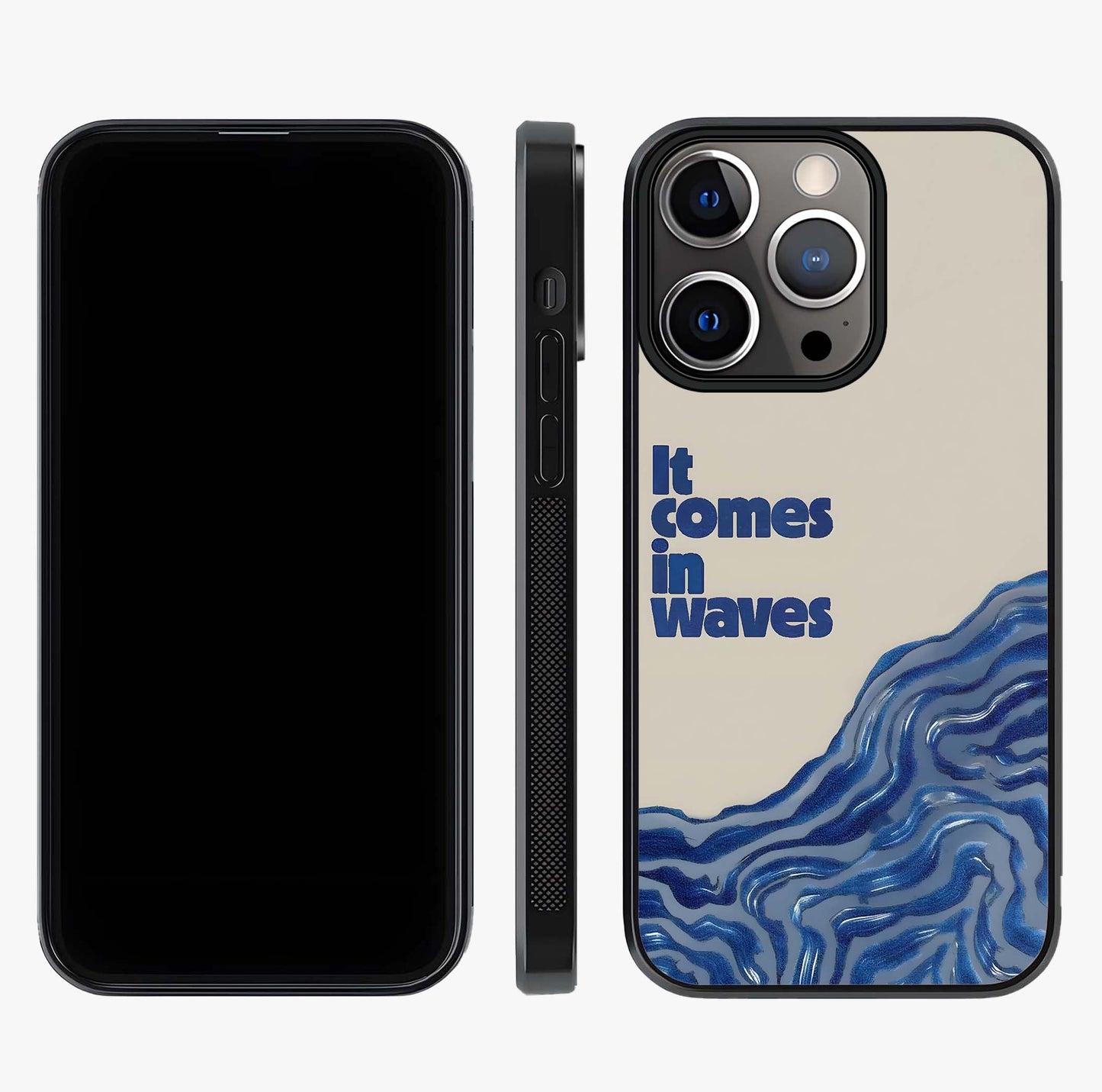 It Comes In Waves Quote Glass Case displayed upright for full design visibility and premium finish.