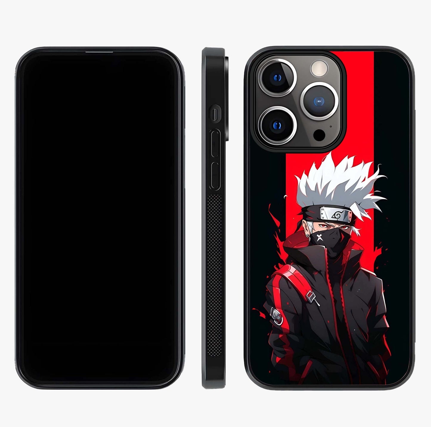 Kakashi Scarlet Shadow Glass Case displayed upright for full design visibility and premium finish.