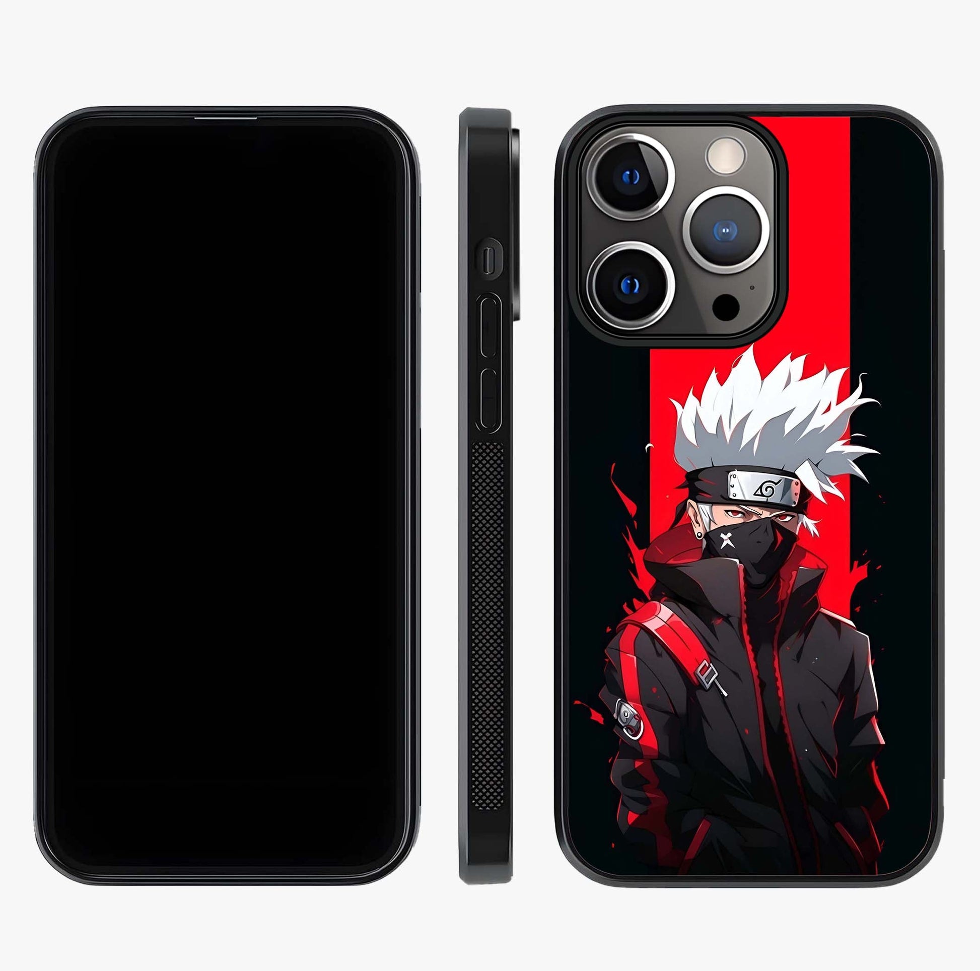 Kakashi Scarlet Shadow Glass Case displayed upright for full design visibility and premium finish.
