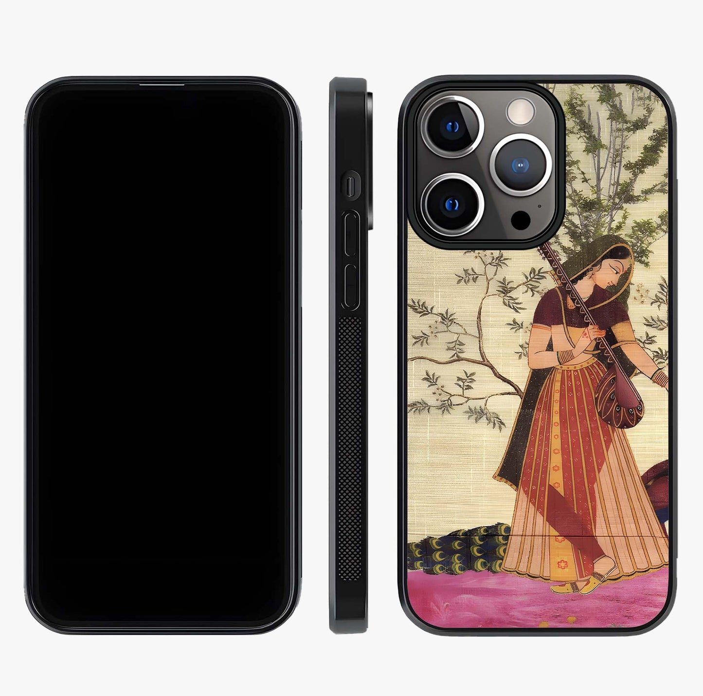 Lady With Veena Art Glass Case displayed upright for full design visibility and premium finish.