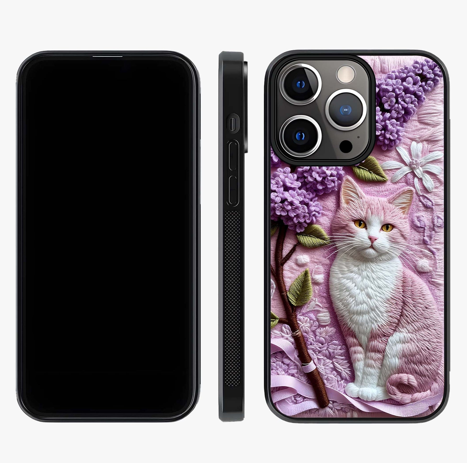 Lavender Cat Whimsy Glass Case displayed upright for full design visibility and premium finish.