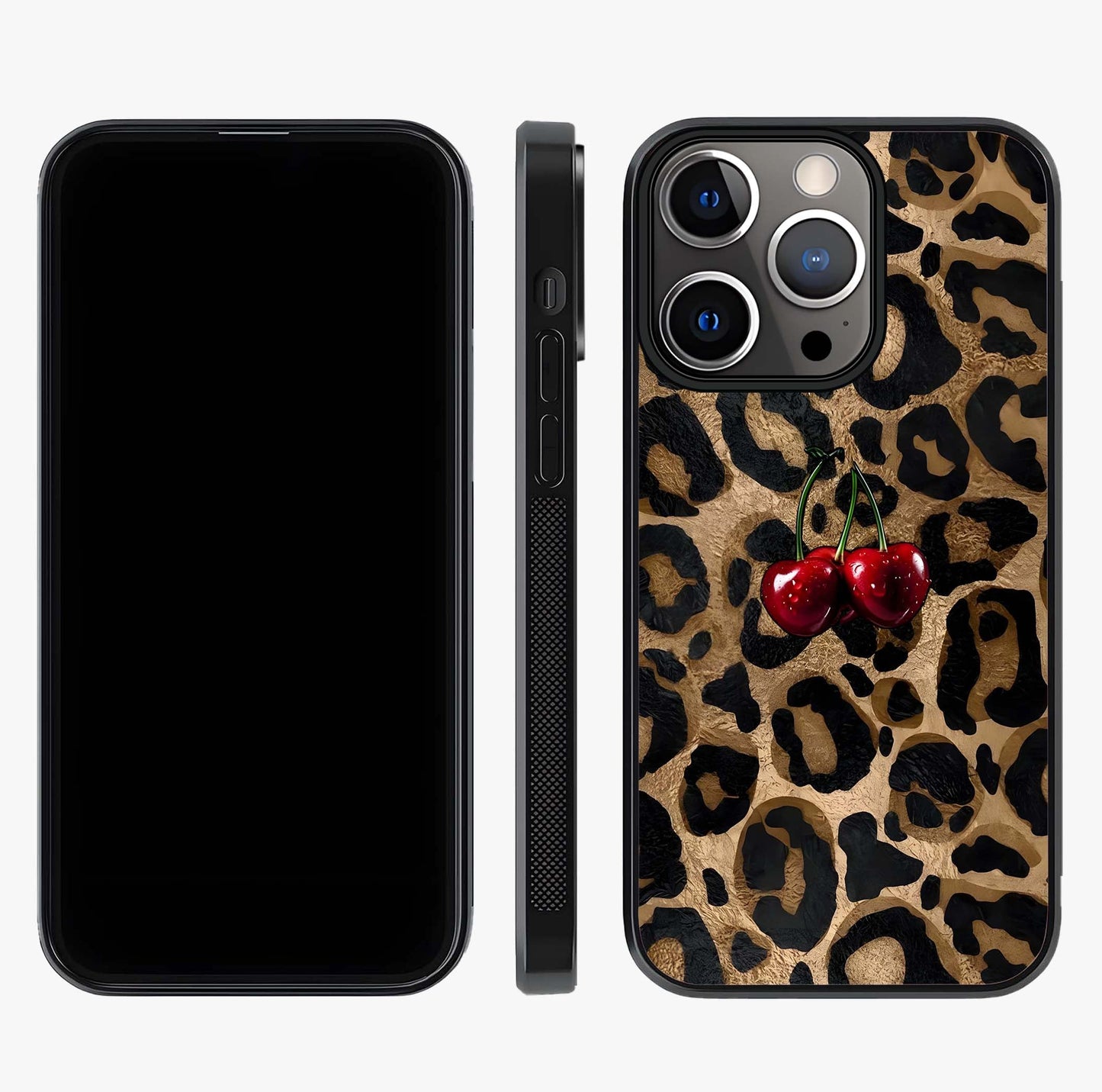 Leopard Wild Cherry Glass Case displayed upright for full design visibility and premium finish.