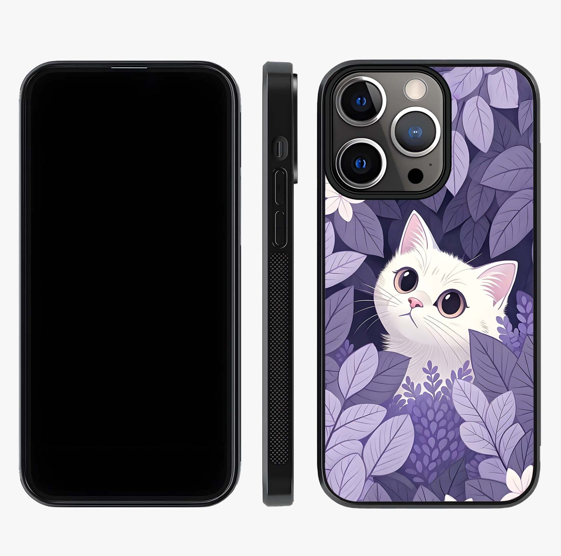 Lilac Hide Peek Cat Glass Case displayed upright for full design visibility and premium finish.