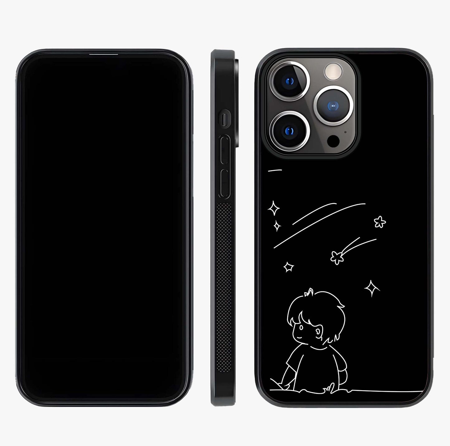 Line Art Boy With Shooting Stars Glass Case displayed upright for full design visibility and premium finish.