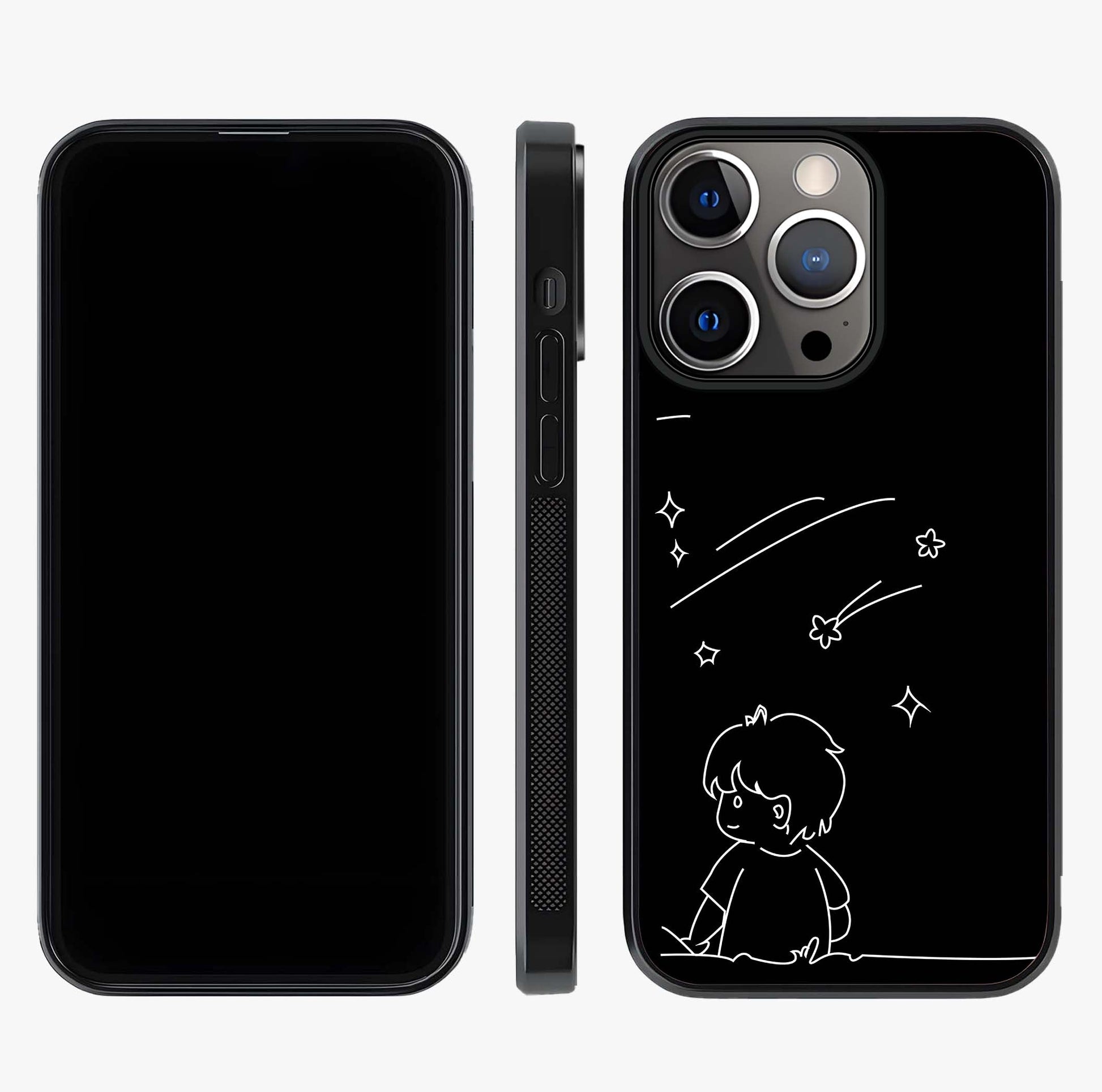 Line Art Boy With Shooting Stars Glass Case displayed upright for full design visibility and premium finish.