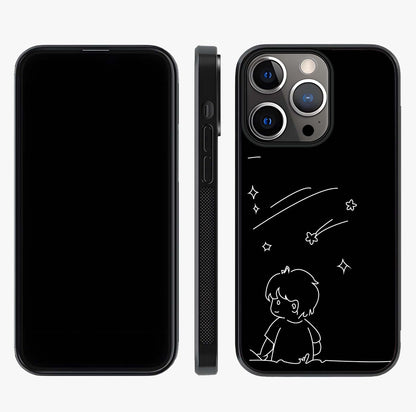 Line Art Boy With Shooting Stars Glass Case displayed upright for full design visibility and premium finish.