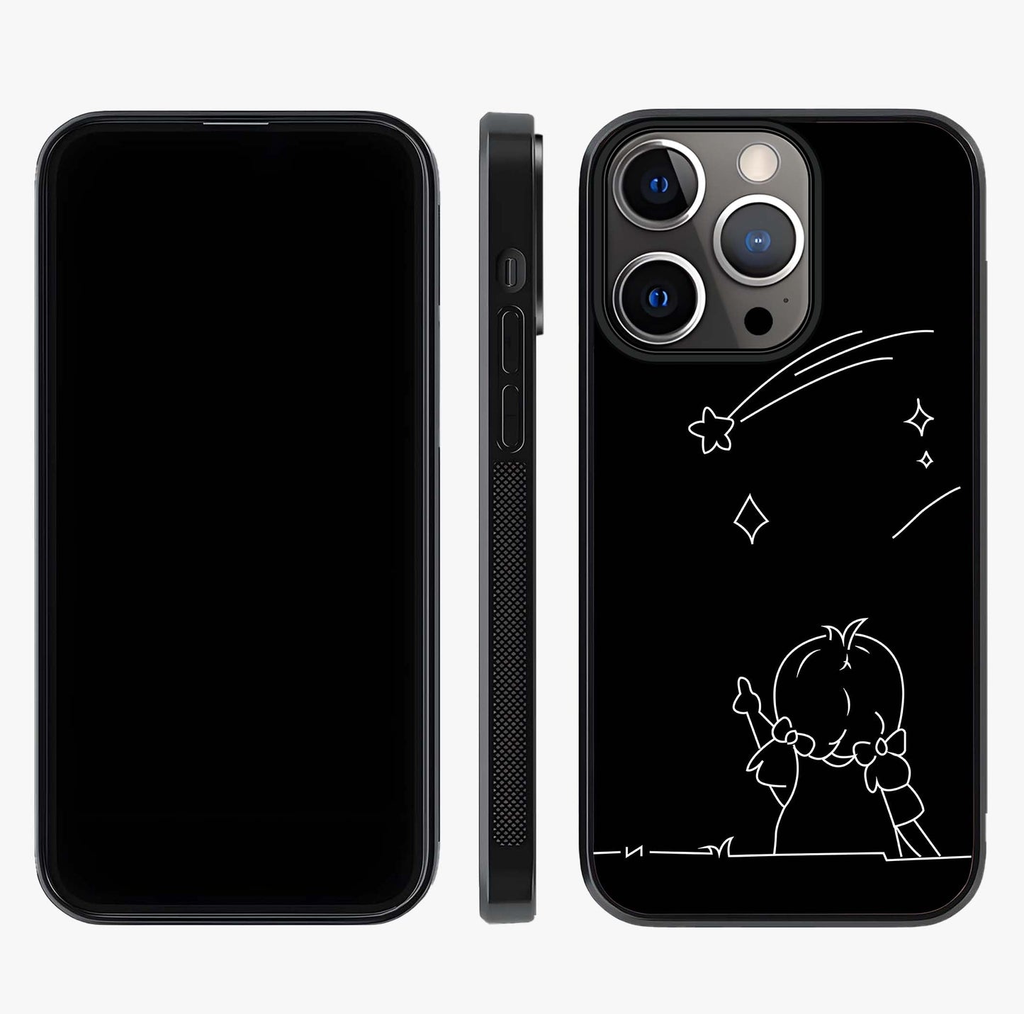 Line Art Girl With Shooting Stars Glass Case displayed upright for full design visibility and premium finish.