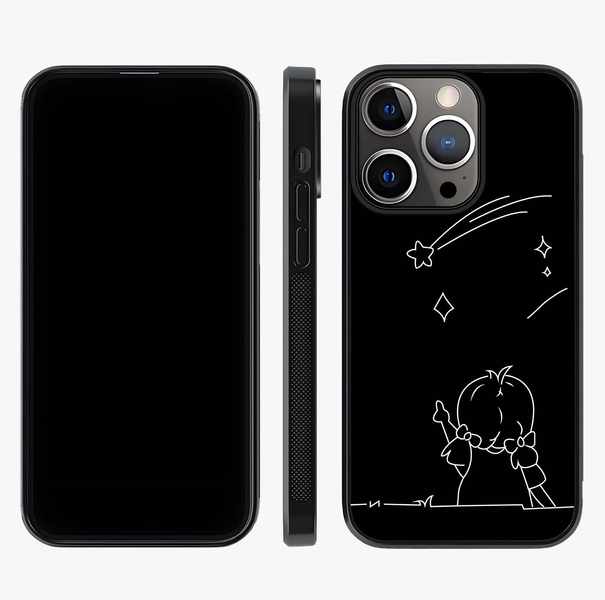 Line Art Girl With Shooting Stars Glass Case displayed upright for full design visibility and premium finish.