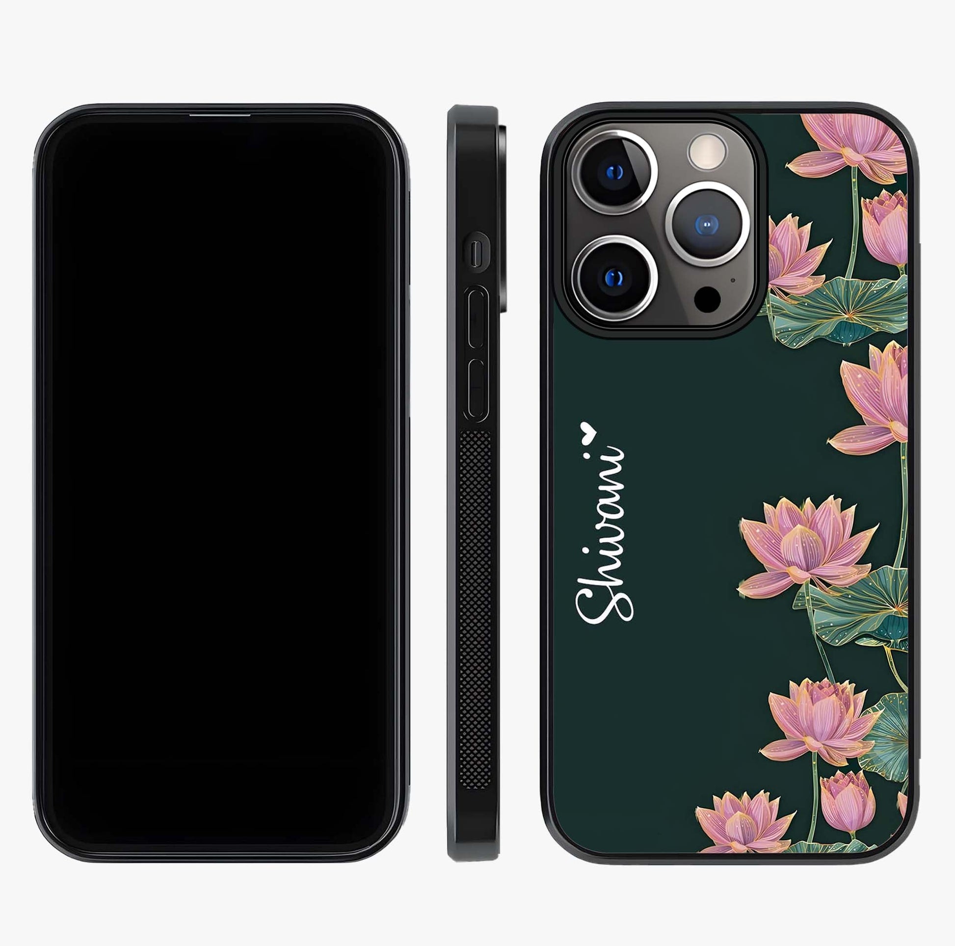 Lotus Bloom Serenity Custom Name Glass Case displayed upright for full design visibility and premium finish.