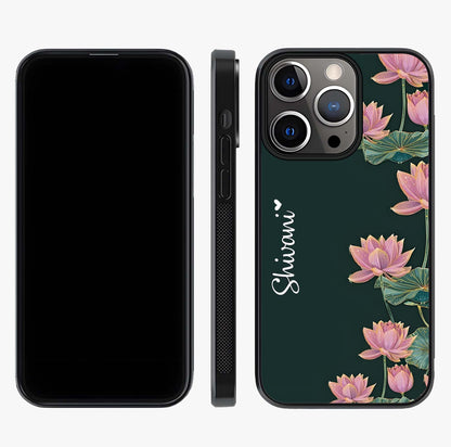 Lotus Bloom Serenity Custom Name Glass Case displayed upright for full design visibility and premium finish.