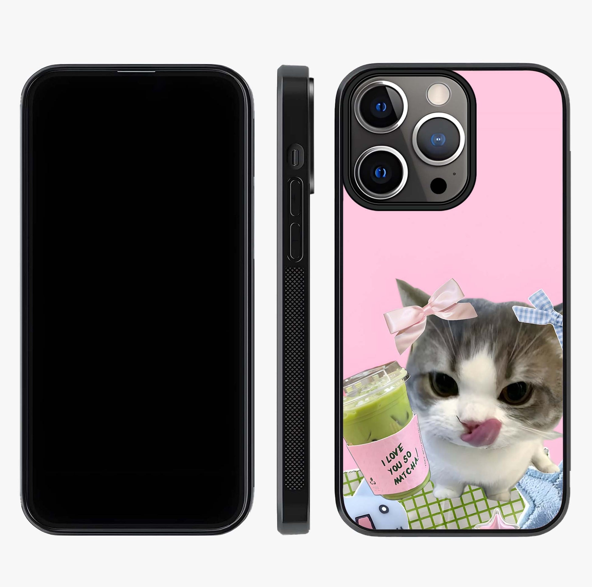 Love Matcha Cat Glass Case displayed upright for full design visibility and premium finish.