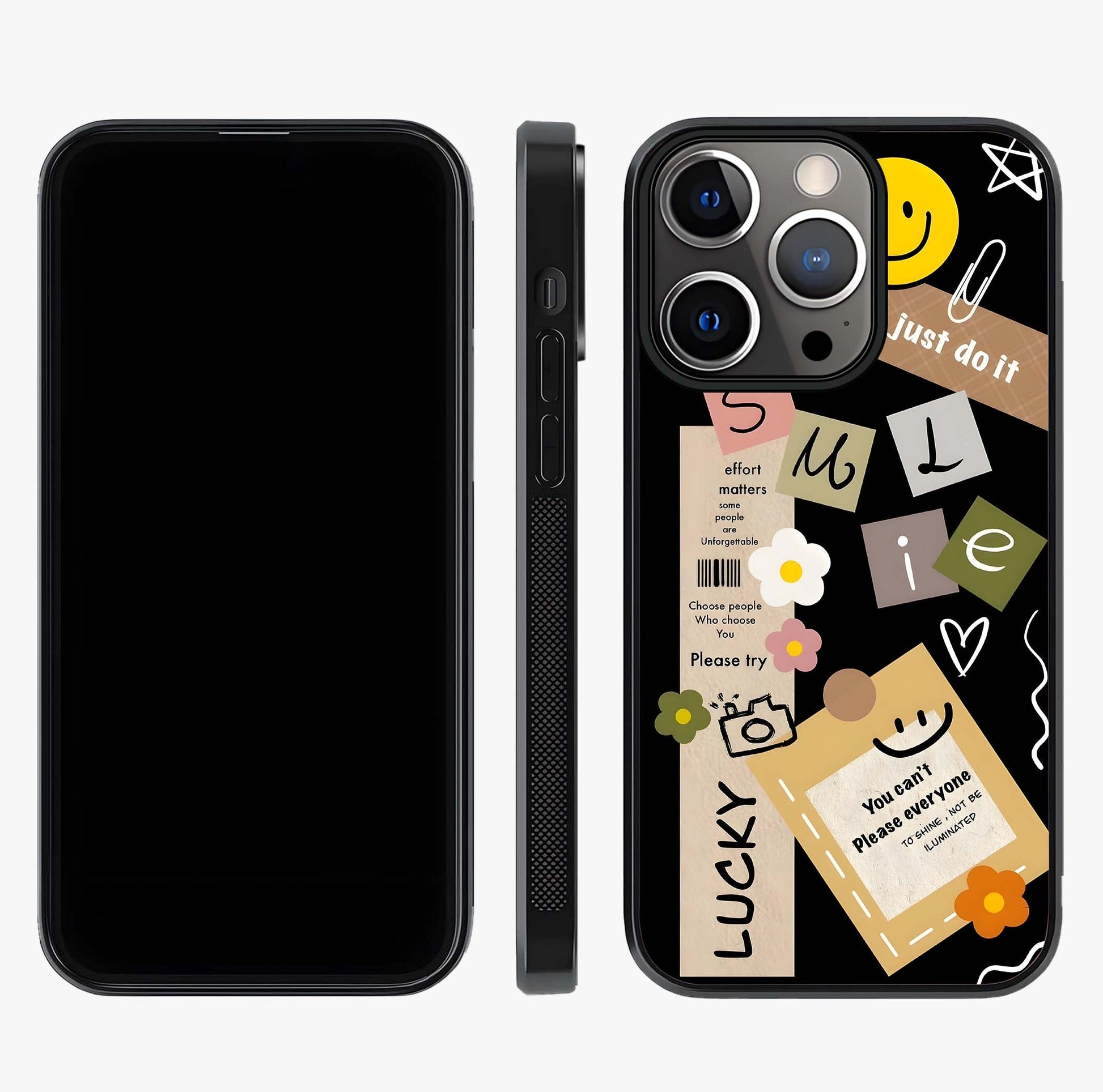 Lucky Aesthetic Collage Glass Case displayed upright for full design visibility and premium finish.