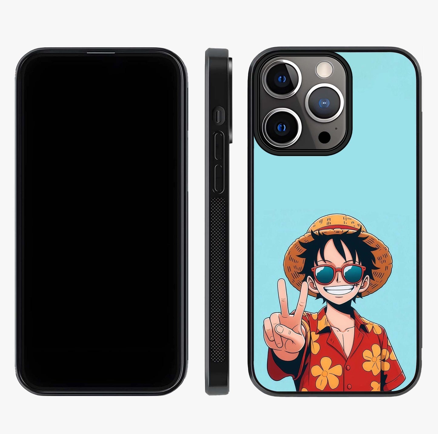 Luffy Summer Anime Vibe Glass Case displayed upright for full design visibility and premium finish.