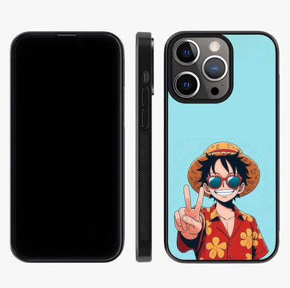 Luffy Summer Anime Vibe Glass Case displayed upright for full design visibility and premium finish.