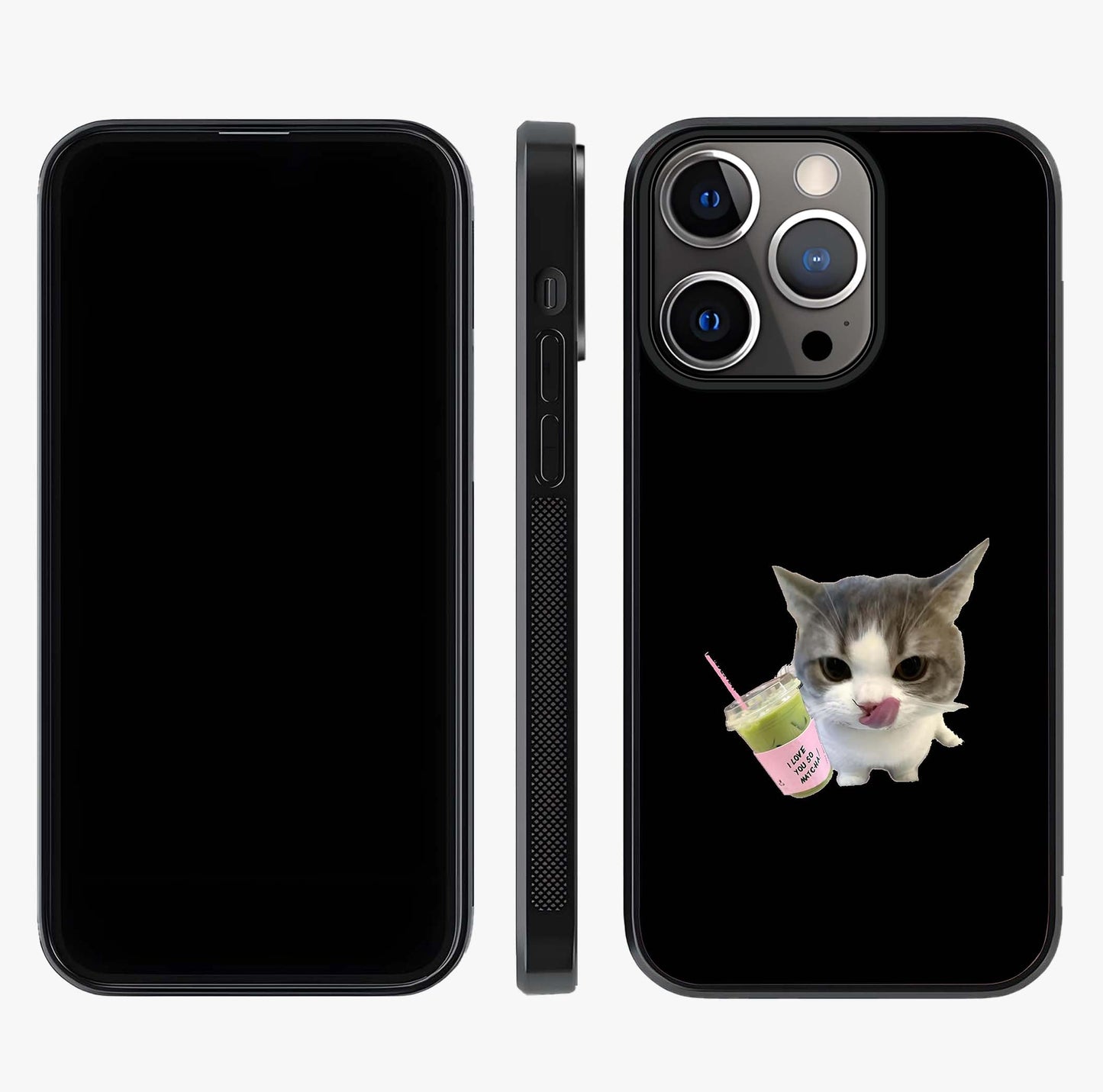 Matcha Cat Style Glass Case displayed upright for full design visibility and premium finish.