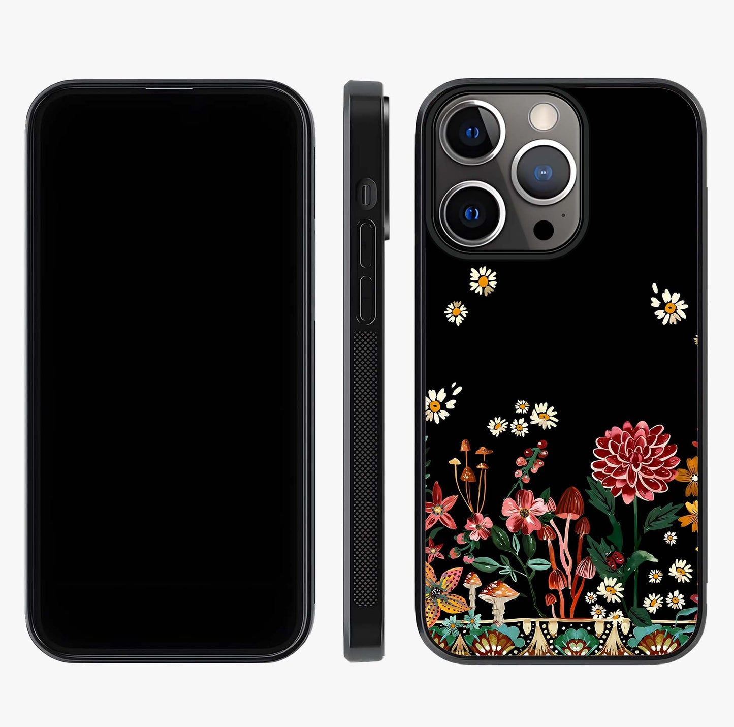 Midnight Bloom Pattern Glass Case displayed upright for full design visibility and premium finish.