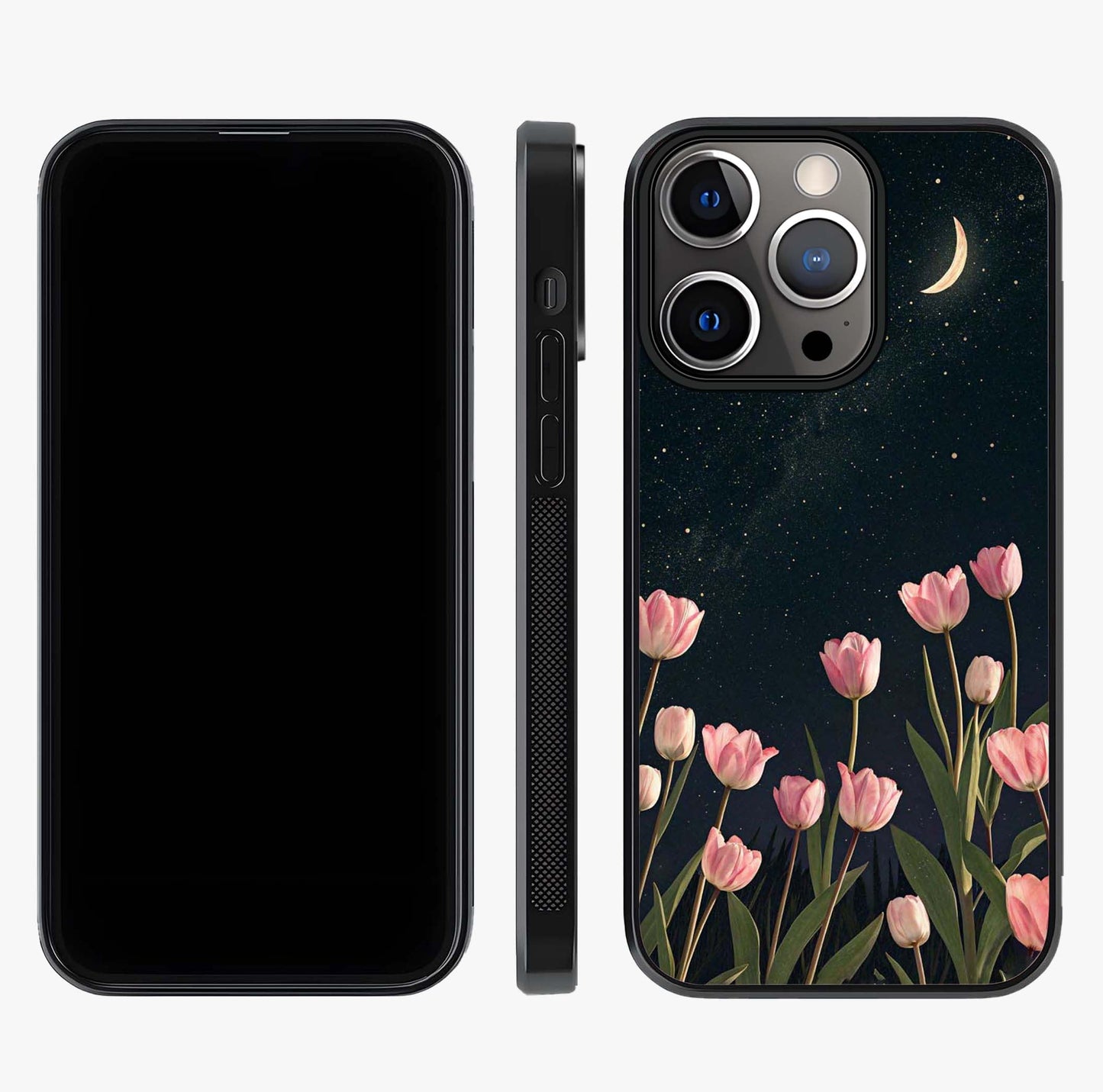 Midnight Tulip Whispers Vibe Glass Case displayed upright for full design visibility and premium finish.