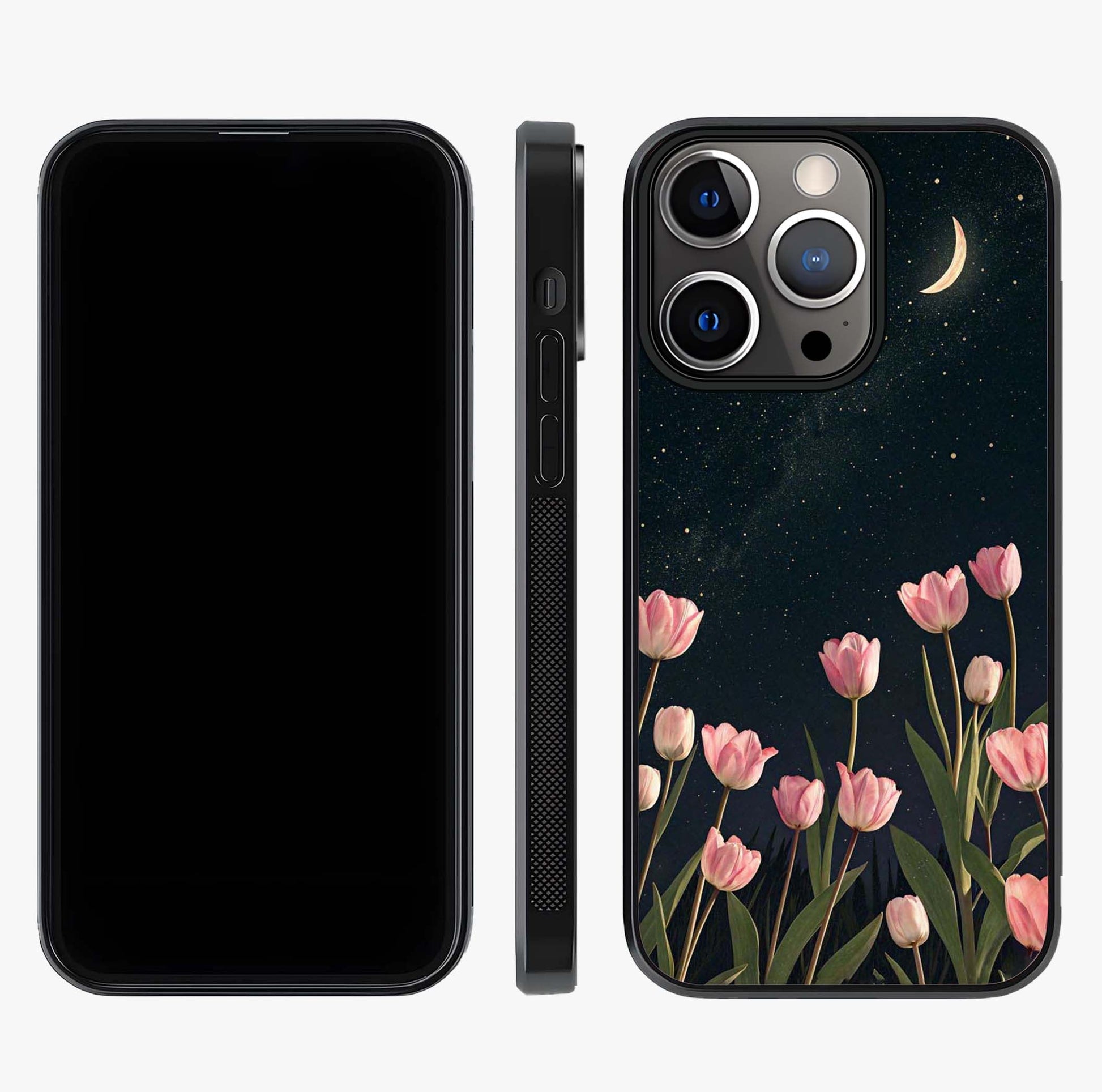 Midnight Tulip Whispers Vibe Glass Case displayed upright for full design visibility and premium finish.