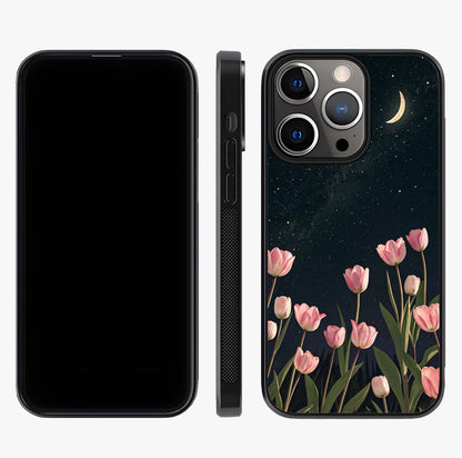 Midnight Tulip Whispers Vibe Glass Case displayed upright for full design visibility and premium finish.
