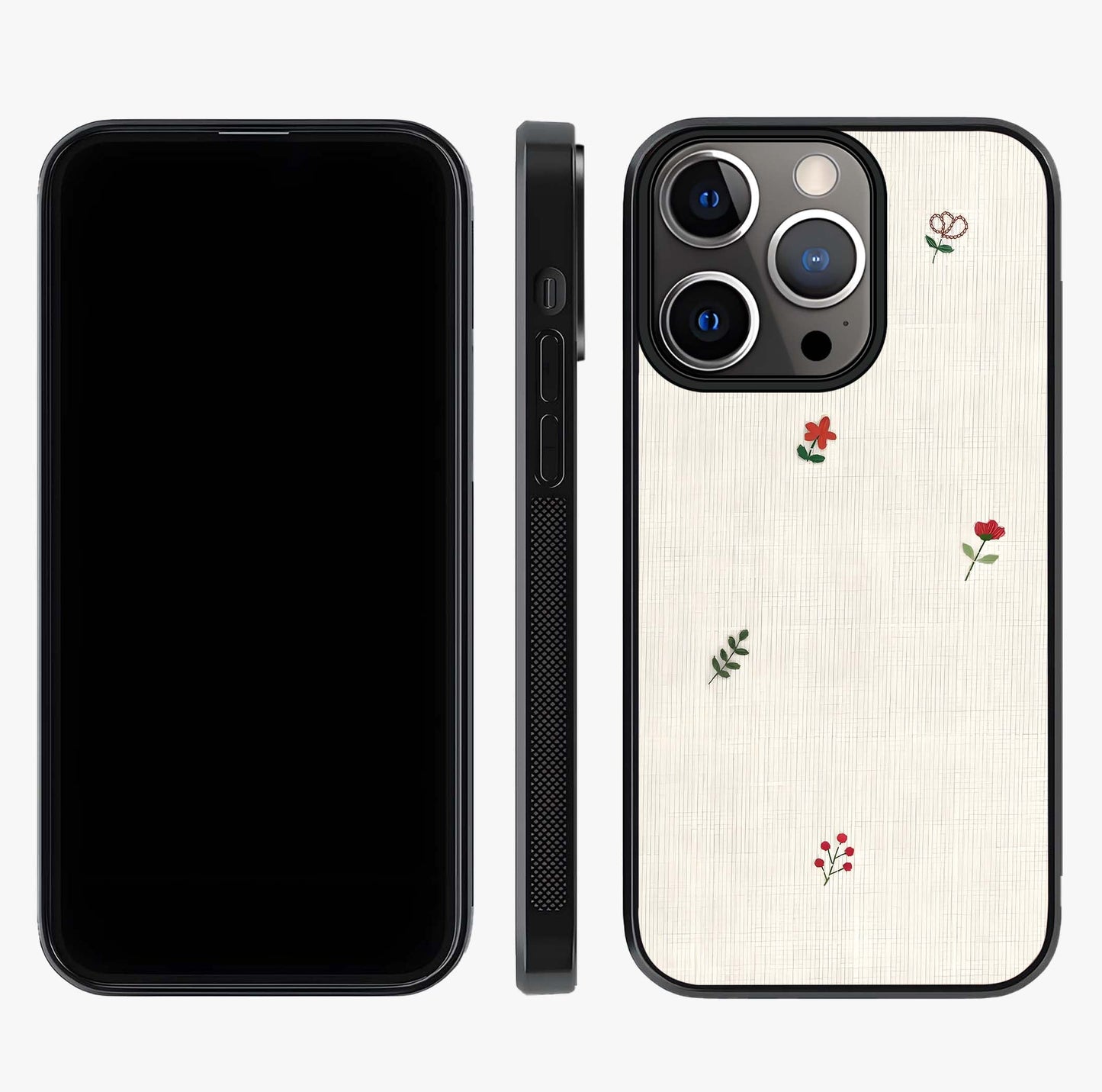 Minimal Petal Whispers Glass Case displayed upright for full design visibility and premium finish.