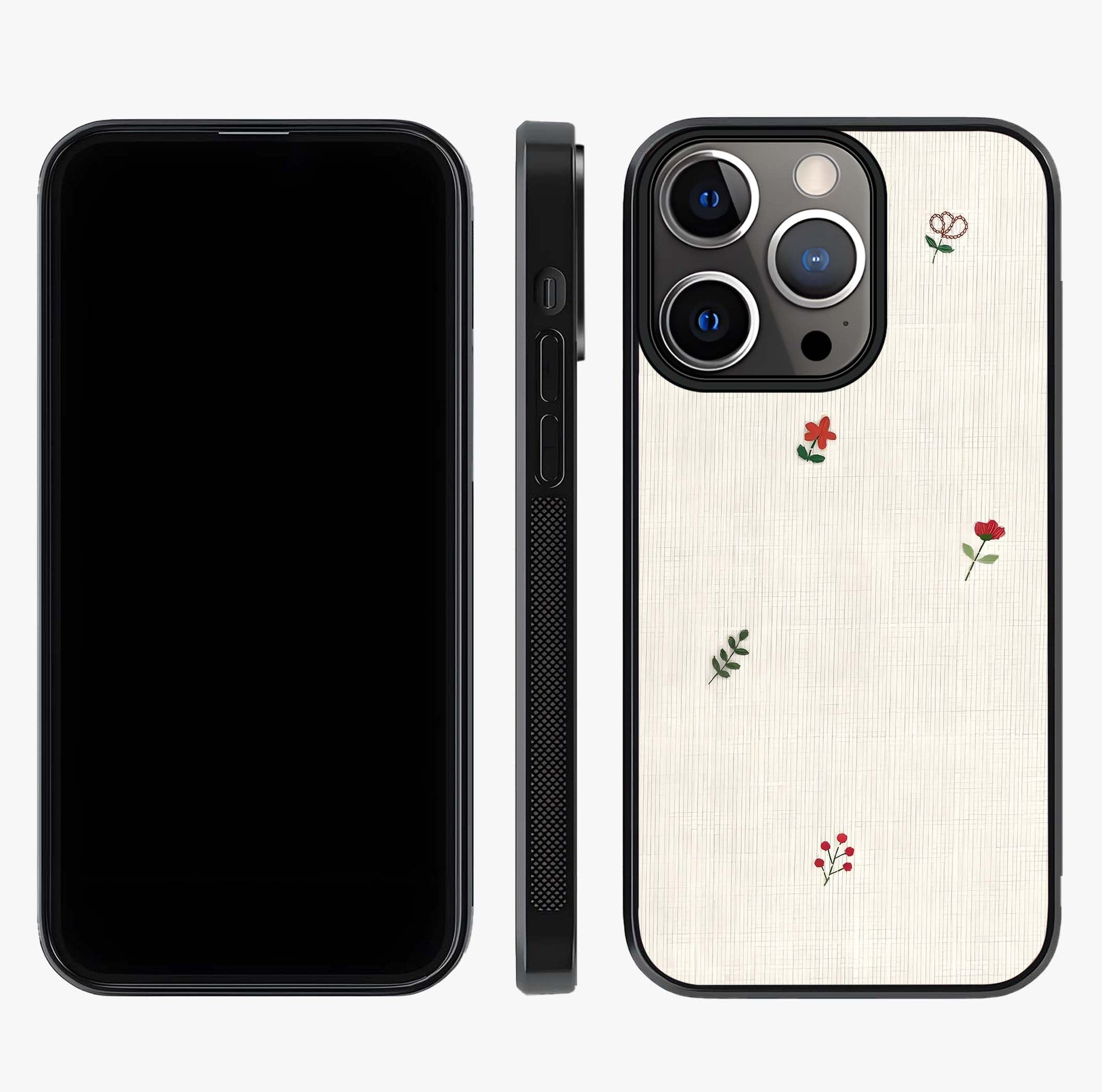 Minimal Petal Whispers Glass Case displayed upright for full design visibility and premium finish.