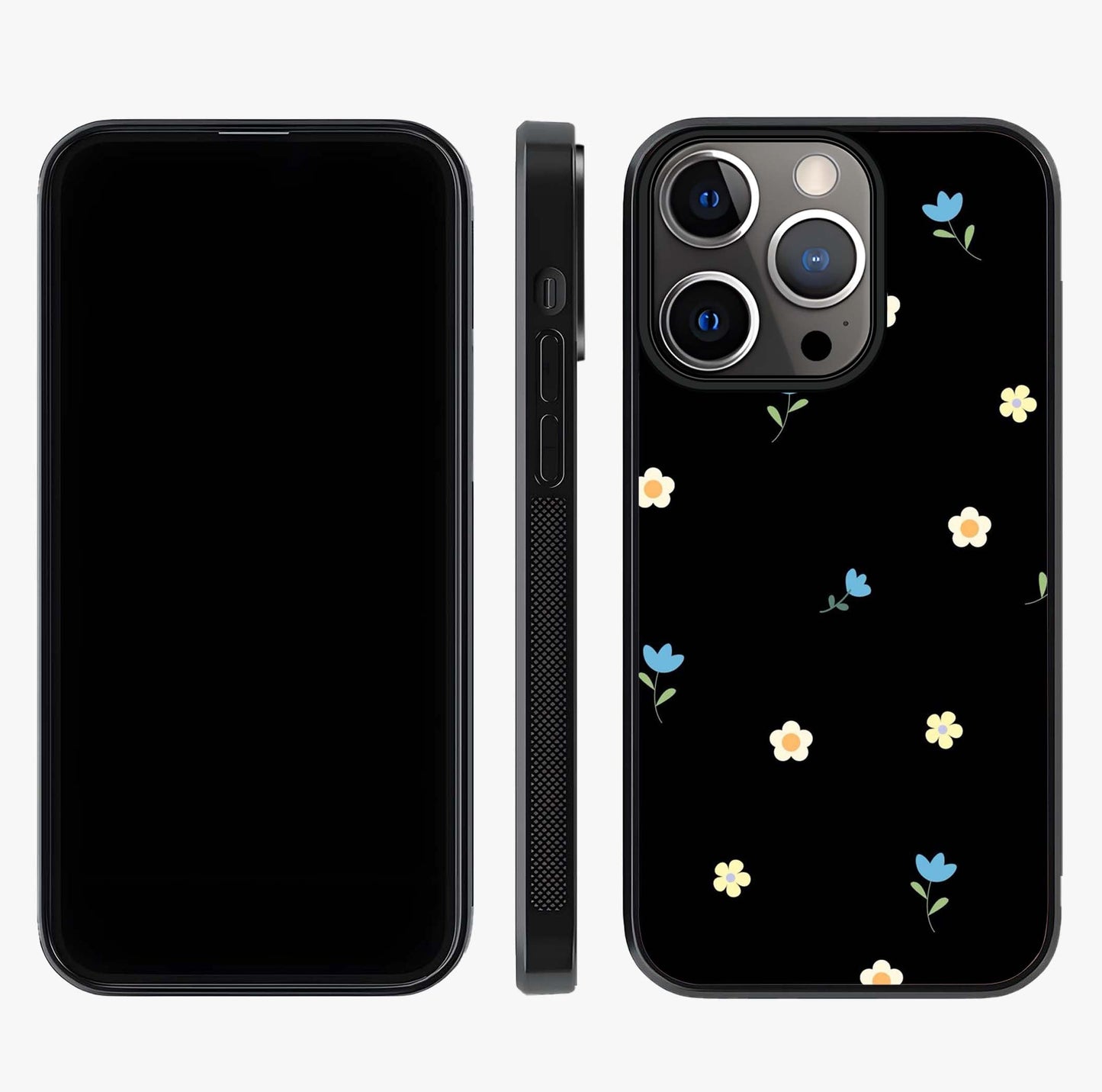 Minimalistic Blue With White Flower Pattern Glass Case displayed upright for full design visibility and premium finish.