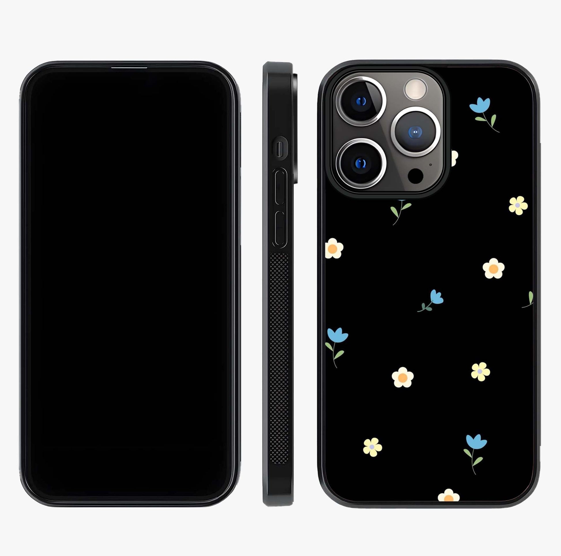 Minimalistic Blue With White Flower Pattern Glass Case displayed upright for full design visibility and premium finish.