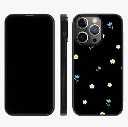 Minimalistic Blue With White Flower Pattern Glass Case displayed upright for full design visibility and premium finish.