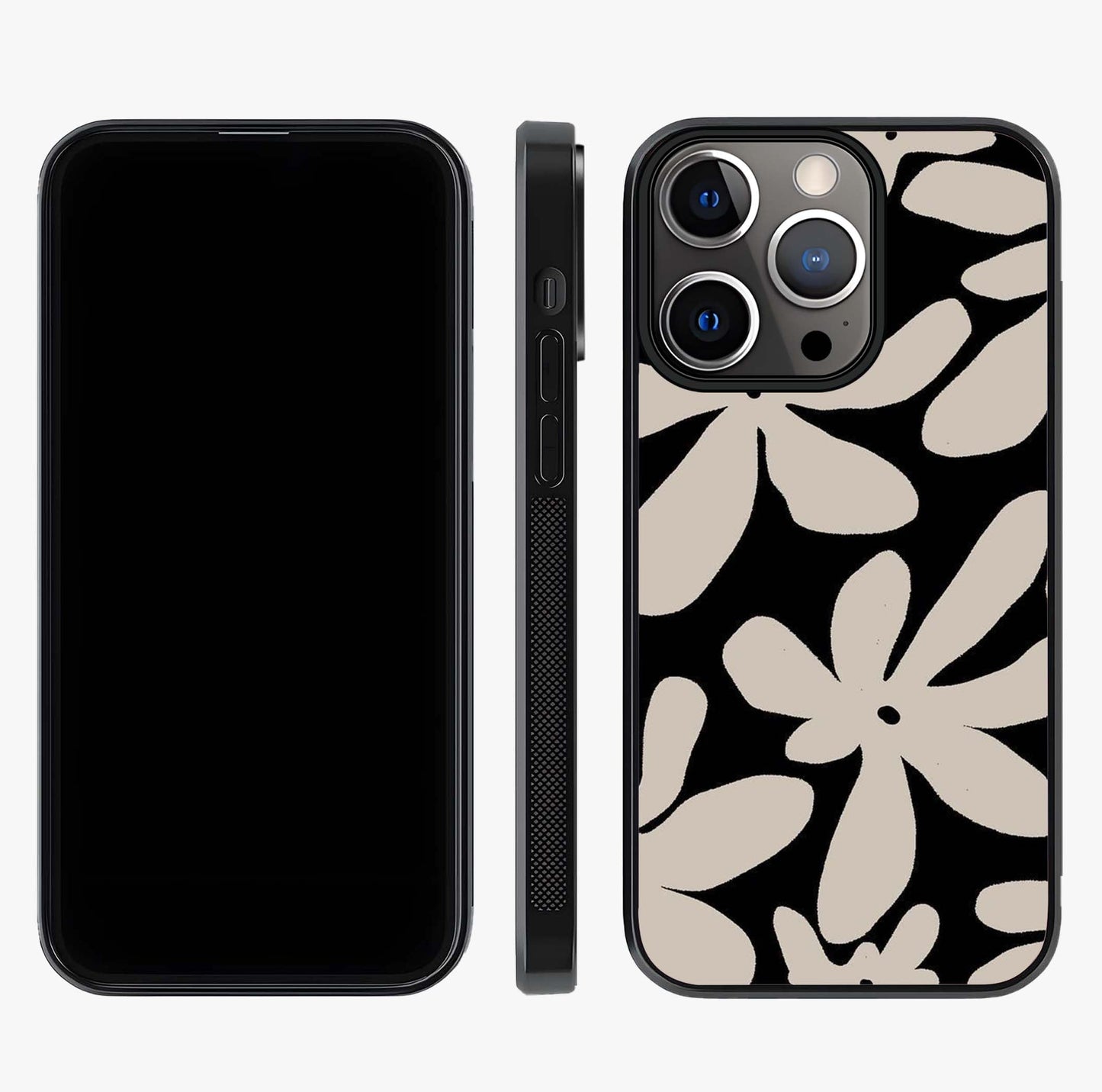 Monochrome Petal Dance Glass Case displayed upright for full design visibility and premium finish.