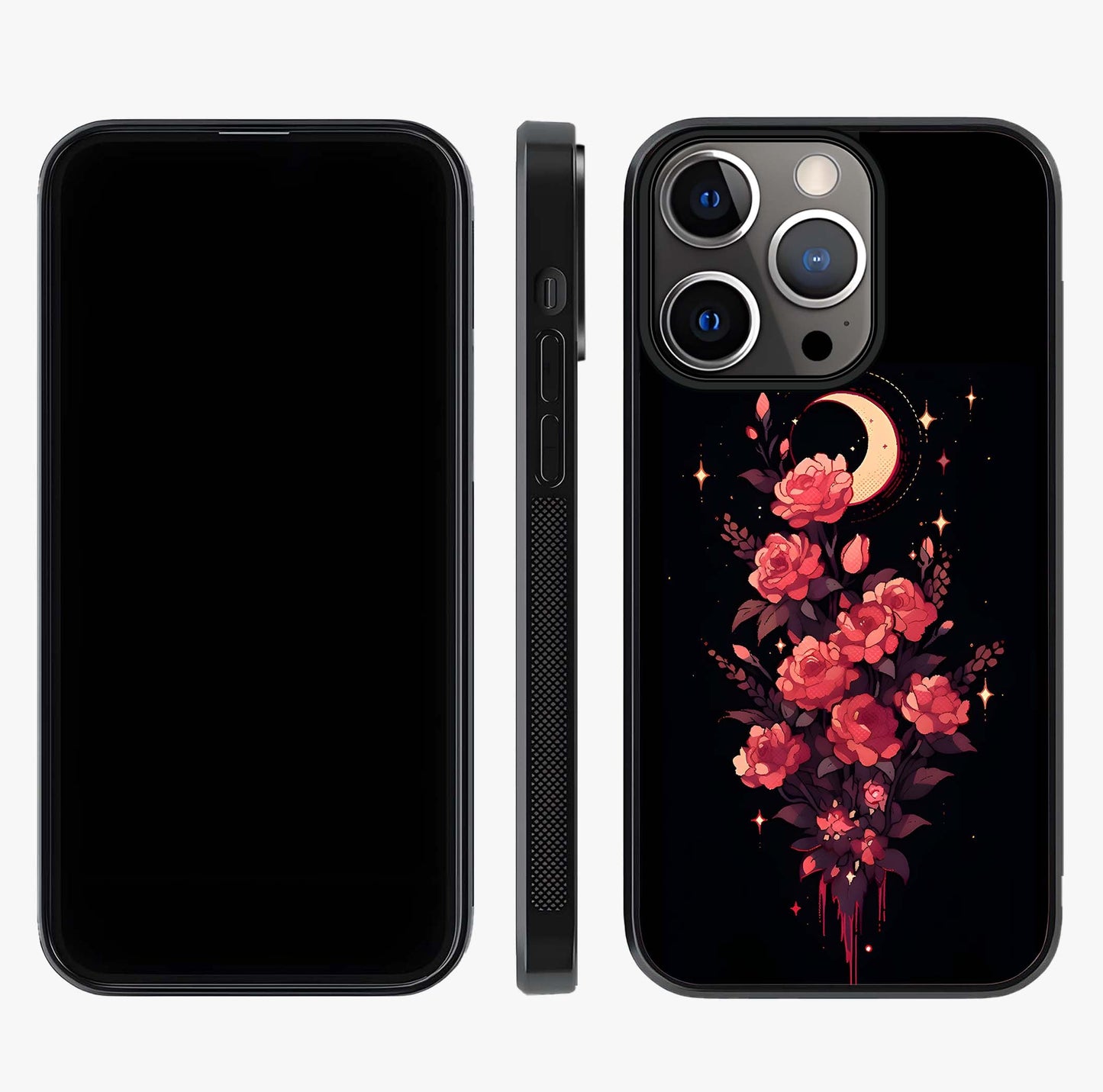 Moonlit Floral Elegance Glass Case displayed upright for full design visibility and premium finish.