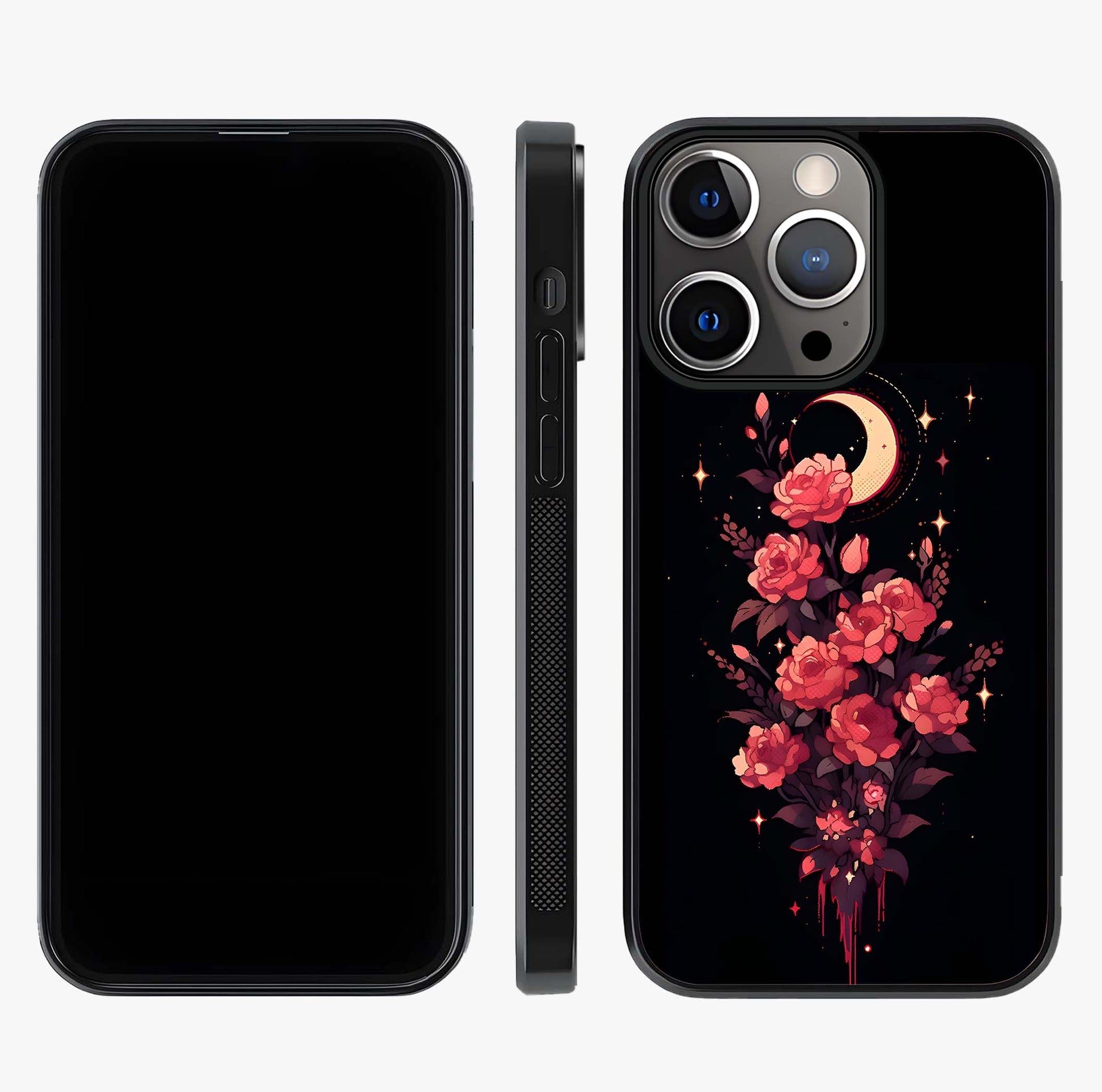 Moonlit Floral Elegance Glass Case displayed upright for full design visibility and premium finish.