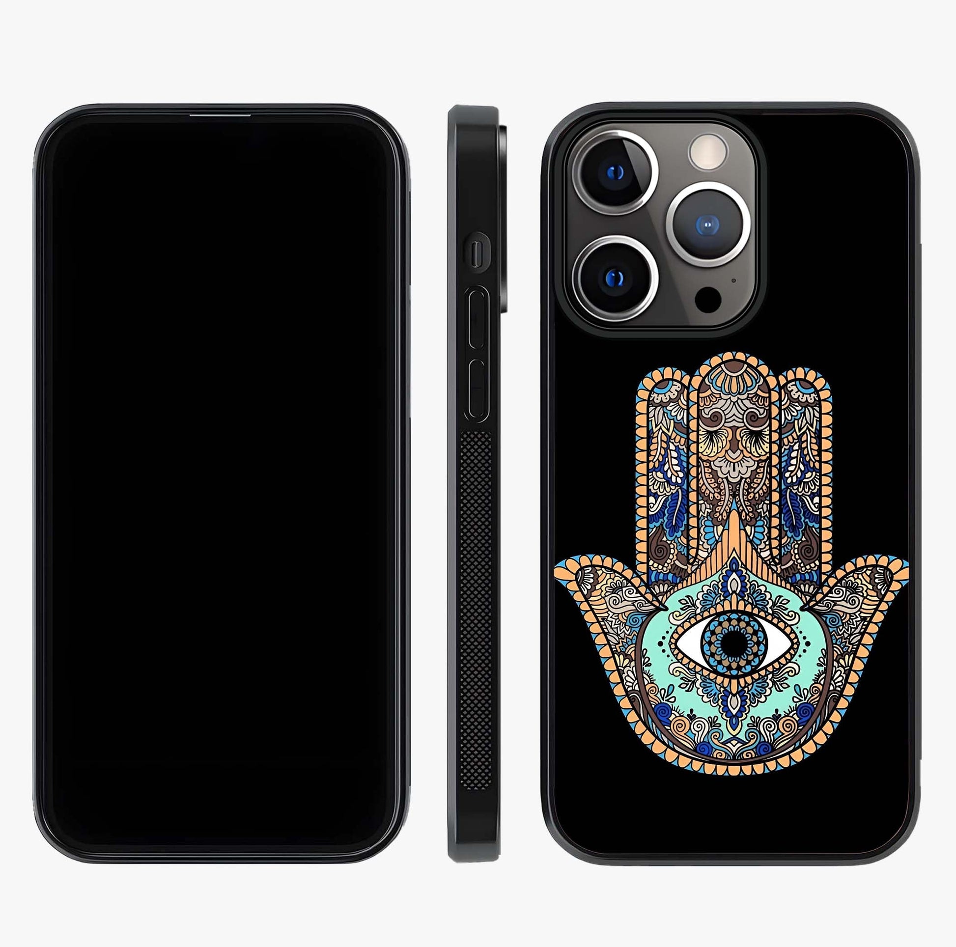 Mystic Hamsa Eye Glass Case displayed upright for full design visibility and premium finish.