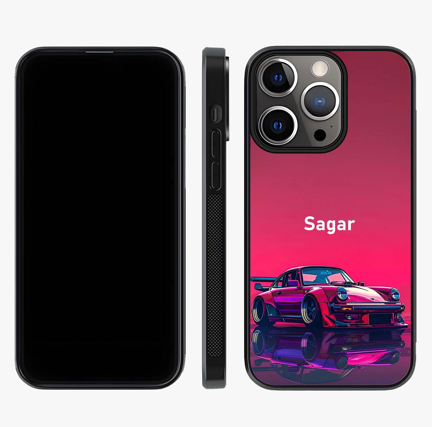 Neon Pink Porsche Glass Case displayed upright for full design visibility and premium finish.