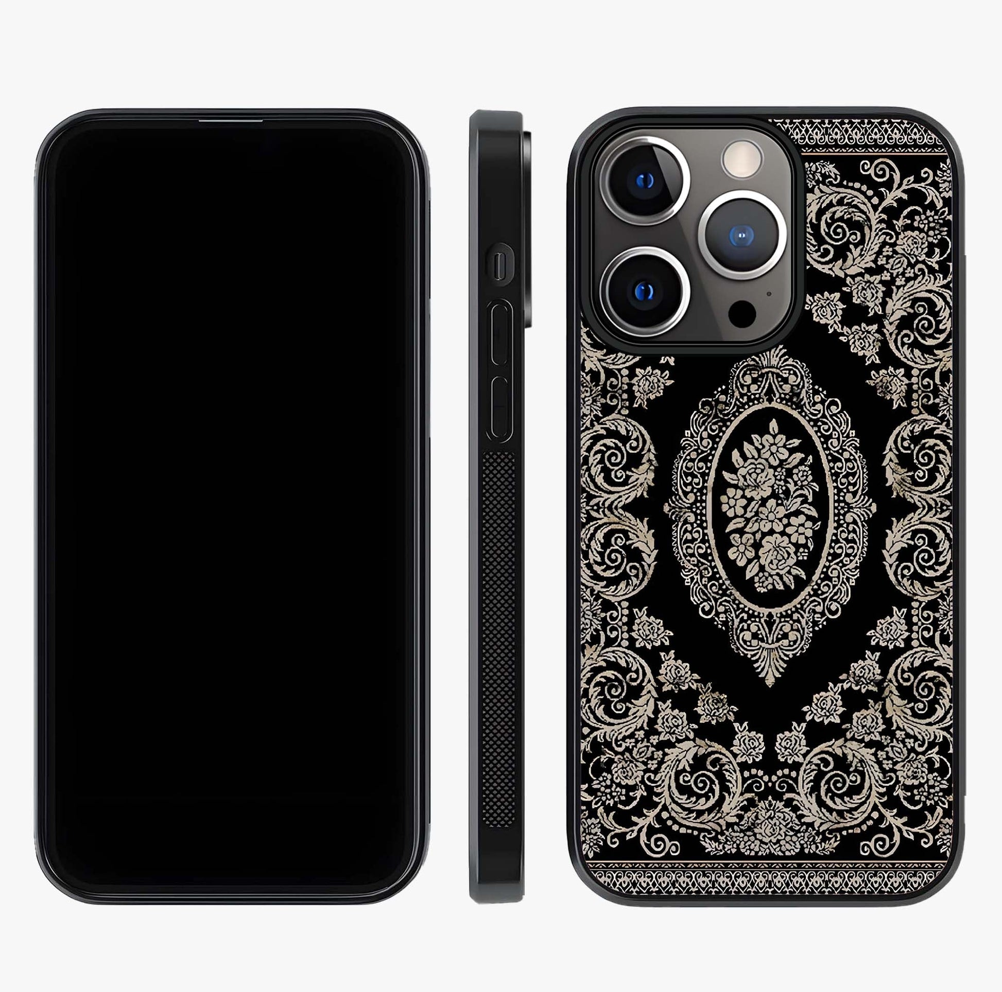 Noir Bloom Elegance Glass Case displayed upright for full design visibility and premium finish.